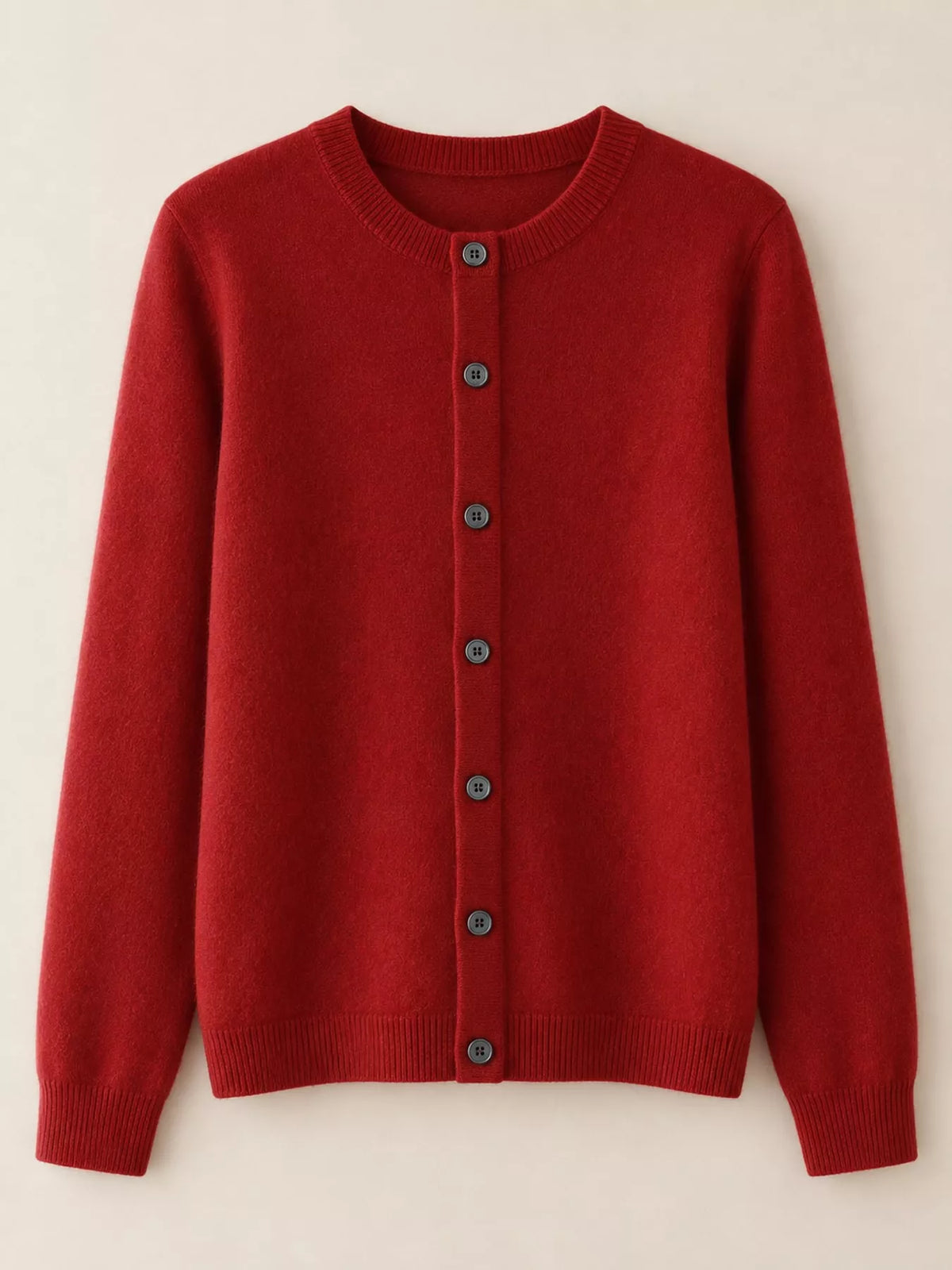 Red crew neck button-front cardigan, product view