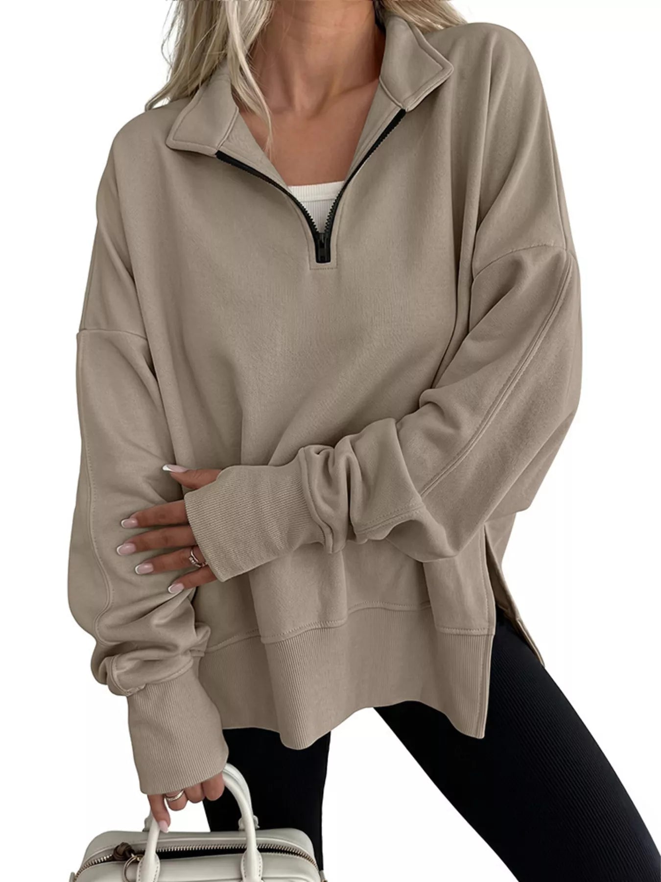 Trendsi Quarter-Zip Dropped Shoulder Sweatshirt -