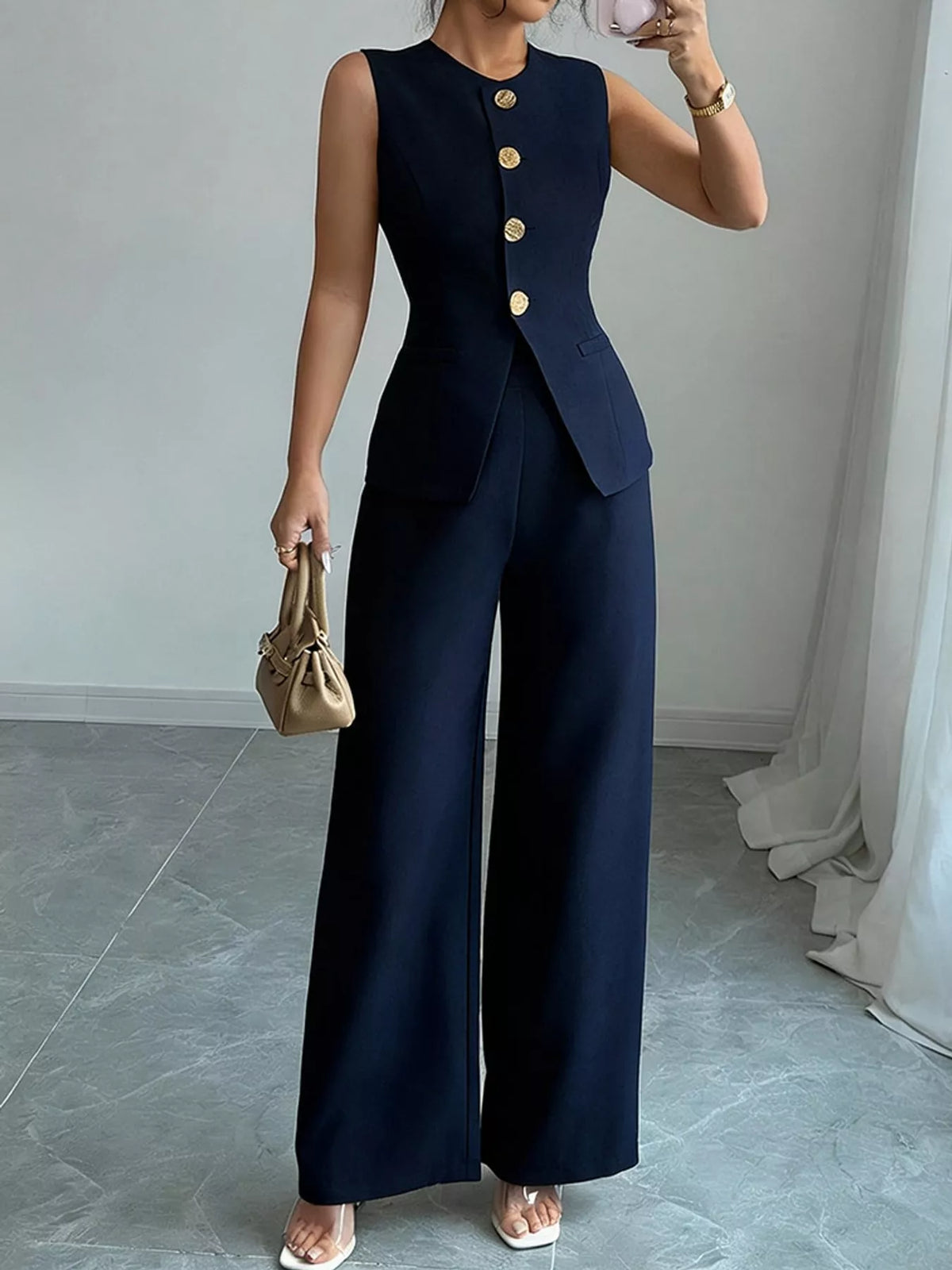 Button-Down Vest and Wide-Leg Pants Set in navy