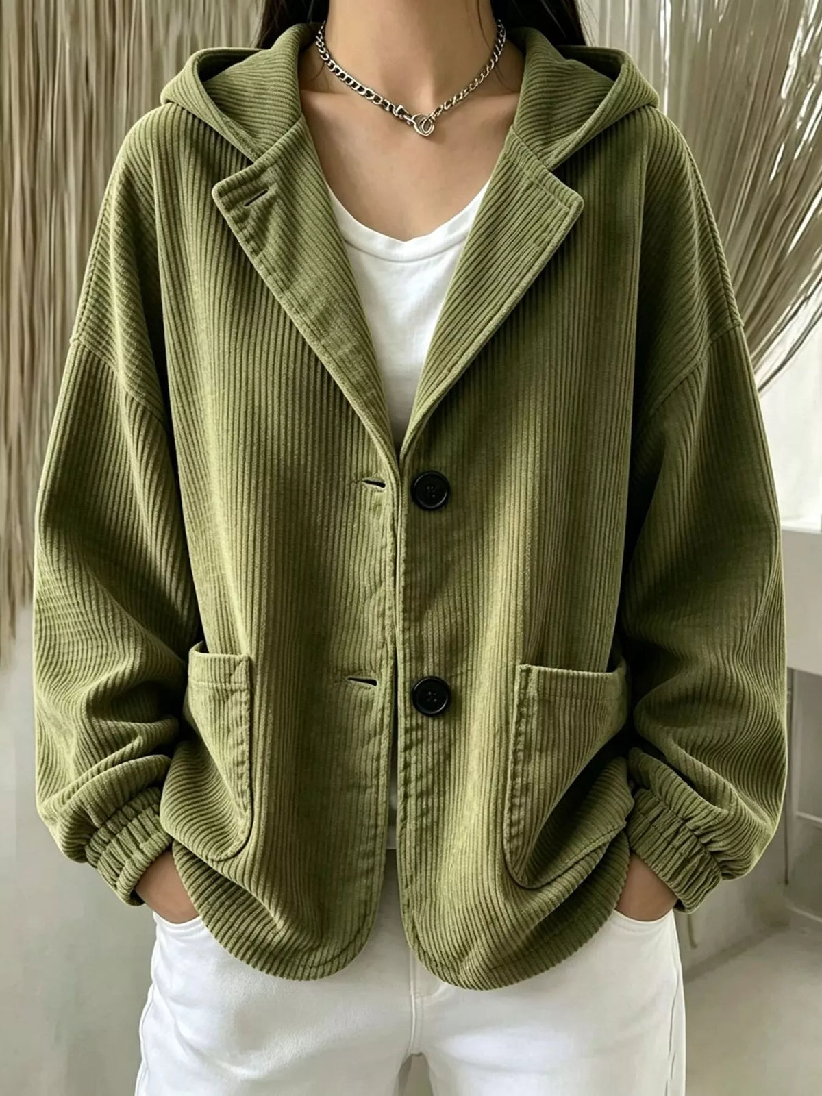 Women's Corduroy Button Up Hooded Jacket in olive — front view