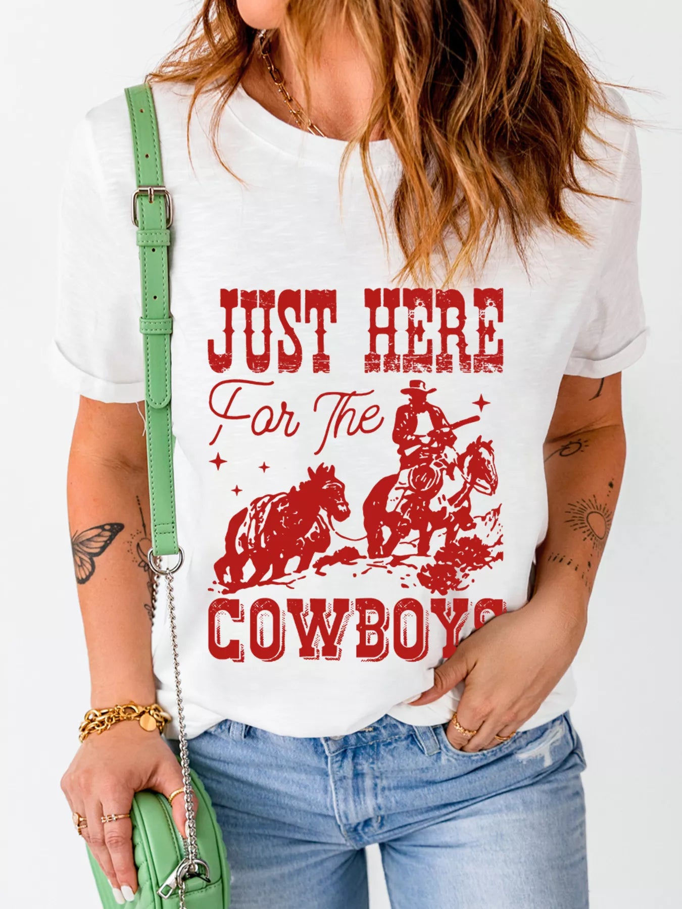 Trendsi JUST HERE For THE COWBOY Cuffed Sleeve Crew Neck T Shirt -