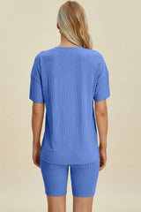 Trendsi Basic Bae Full Size Ribbed V-Neck Short Sleeve Top and Shorts Set -