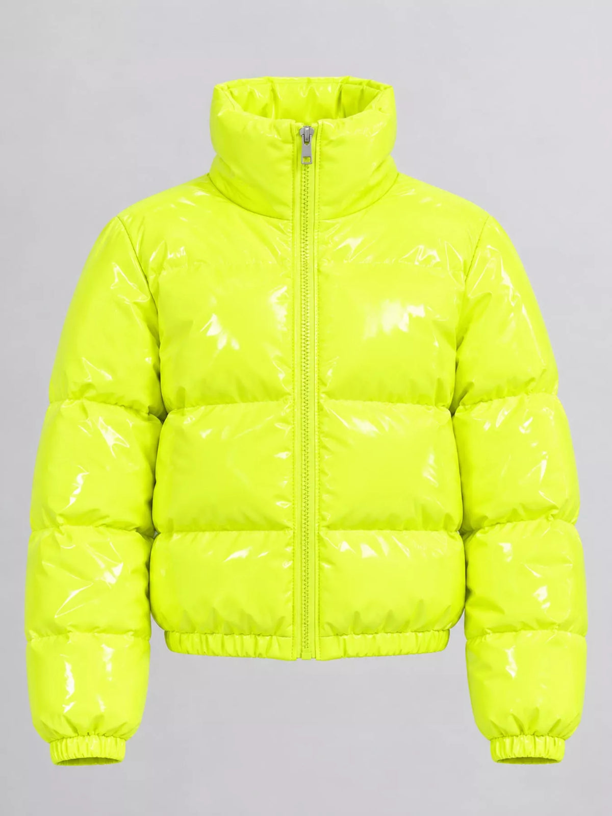 Glossy Stand-Collar Zip-Up Puffer Jacket — garment front