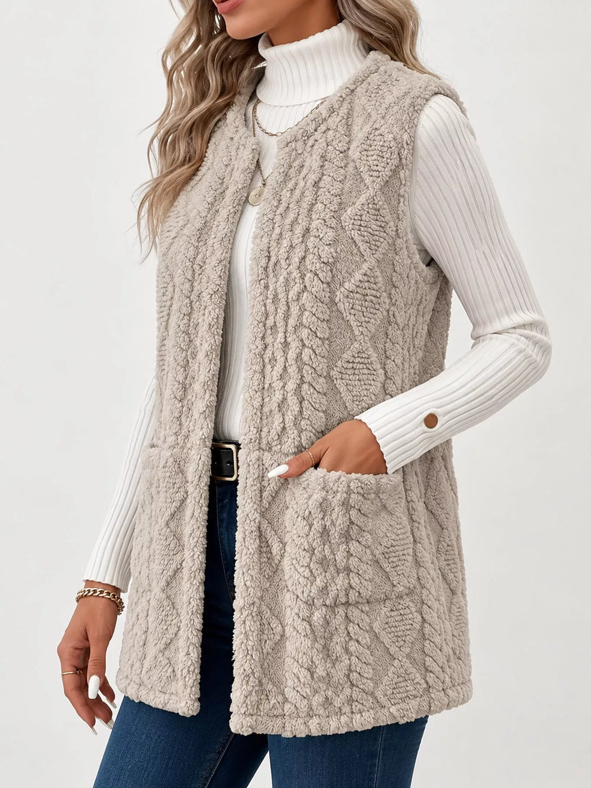 Taupe sherpa open front vest coat, side view