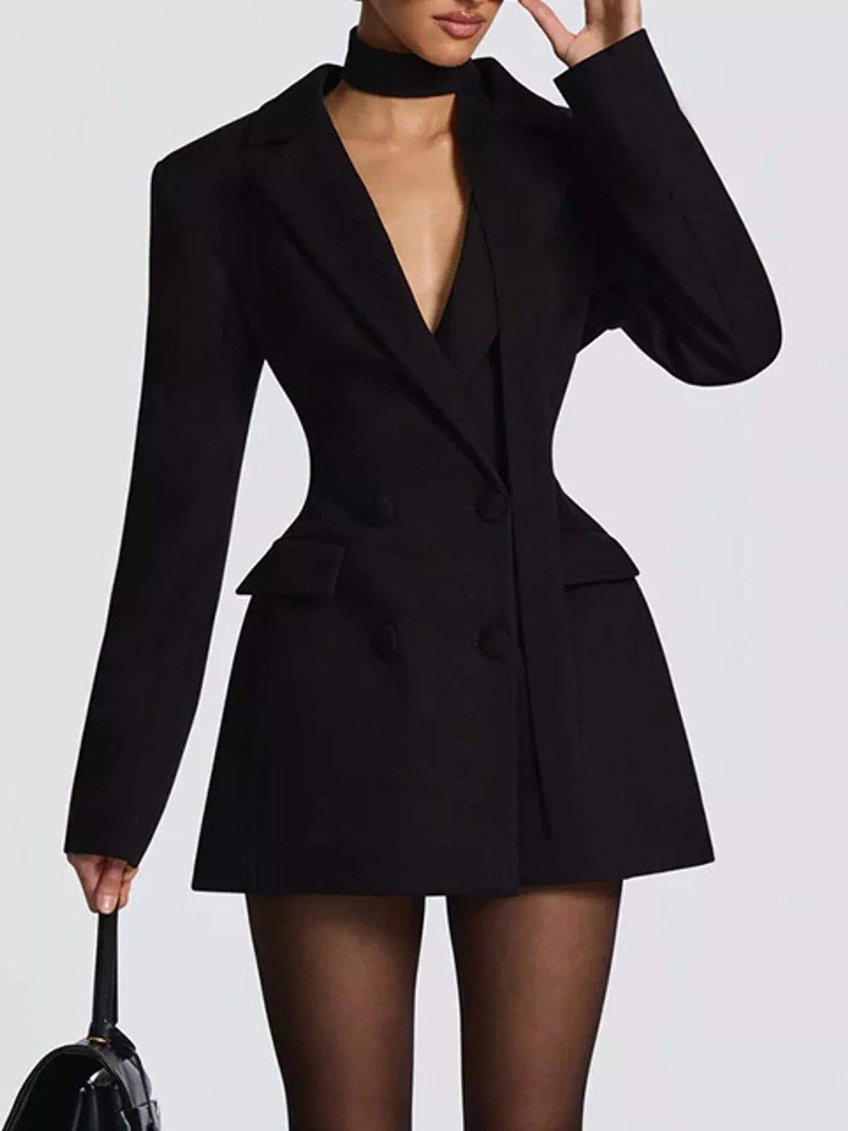 Black double-breasted blazer dress — front view