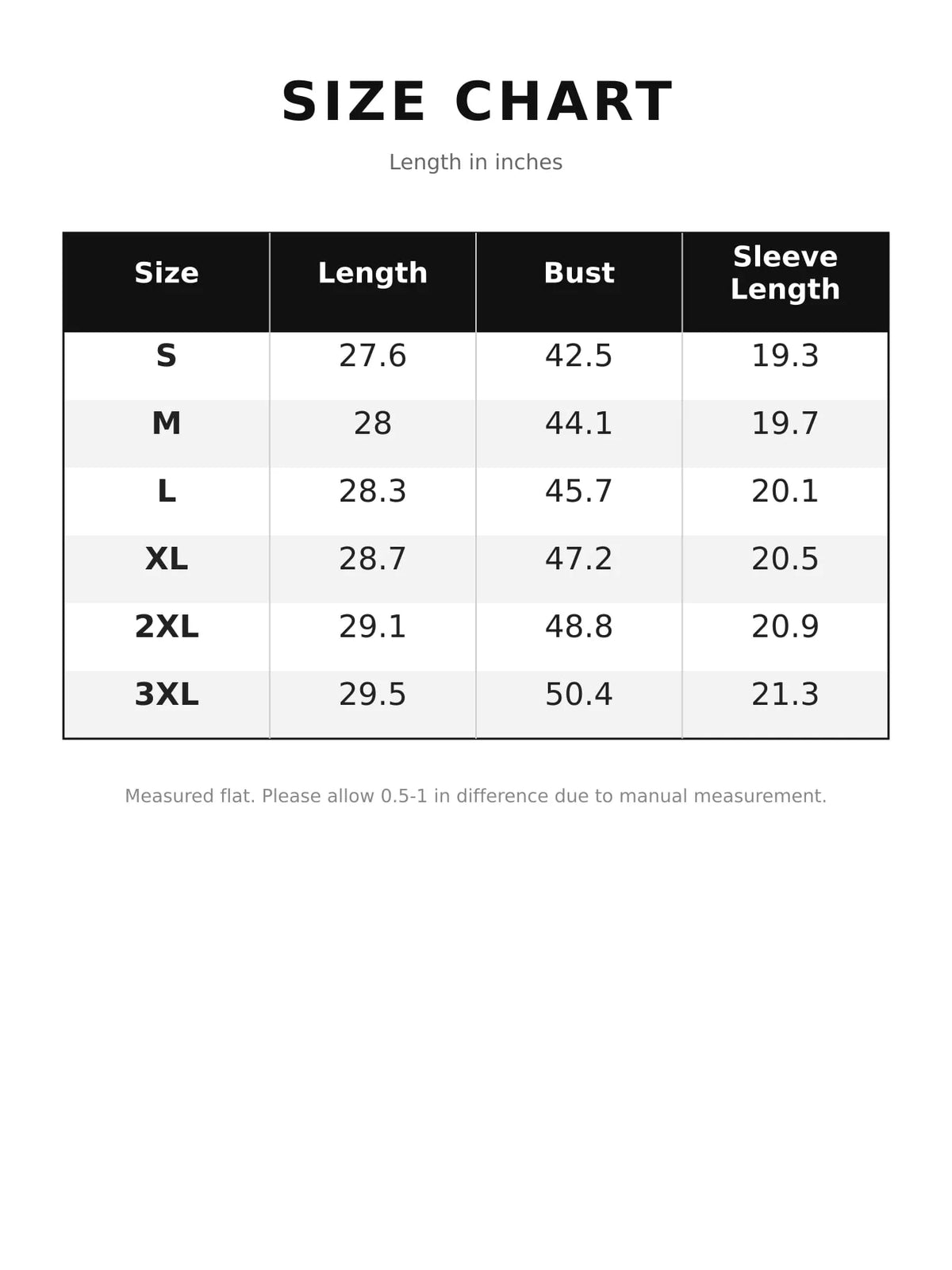 Round neck long sleeve sweater, size and measurement chart