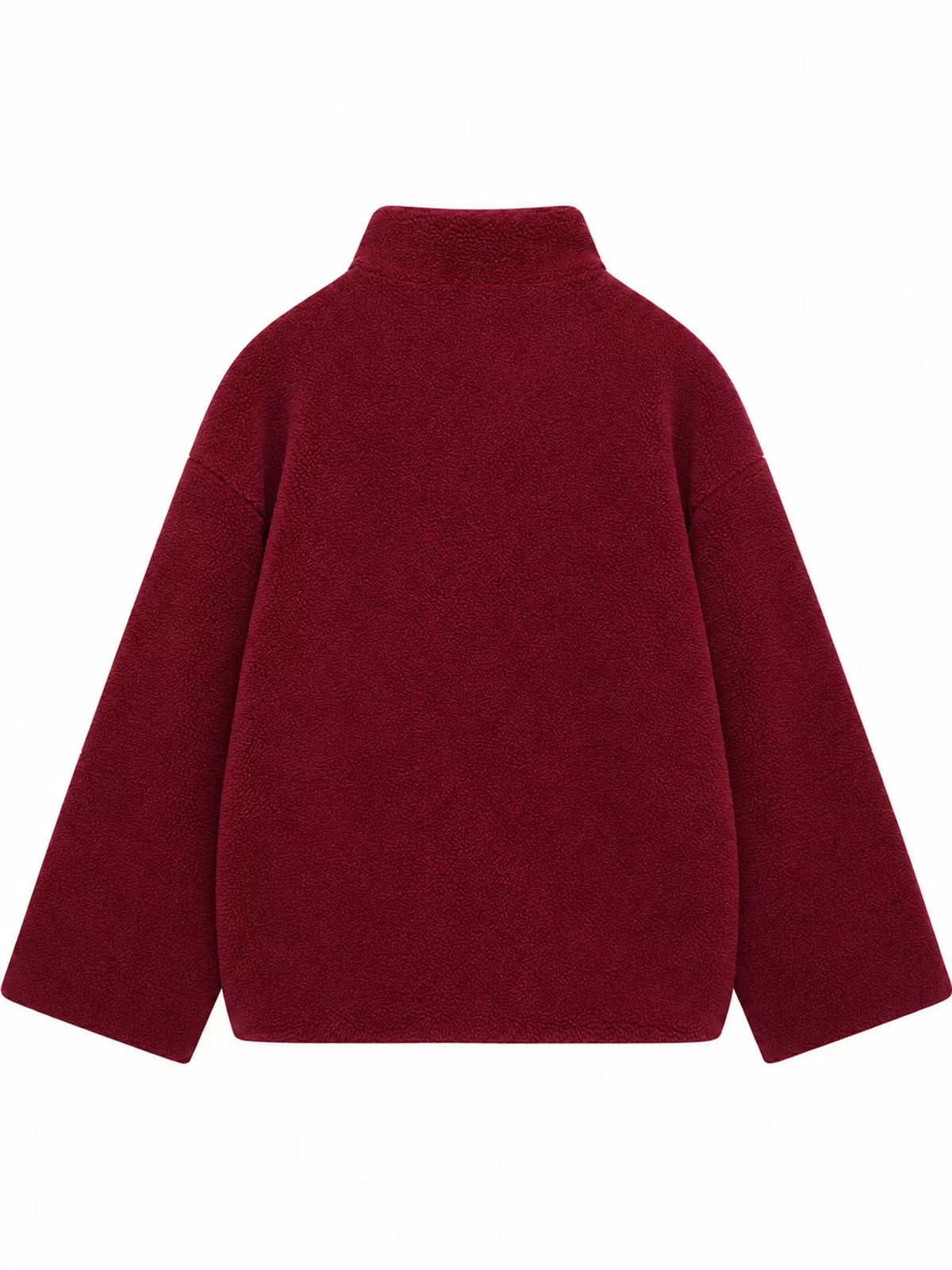 Burgundy oversized sherpa fleece zip-up jacket, back view