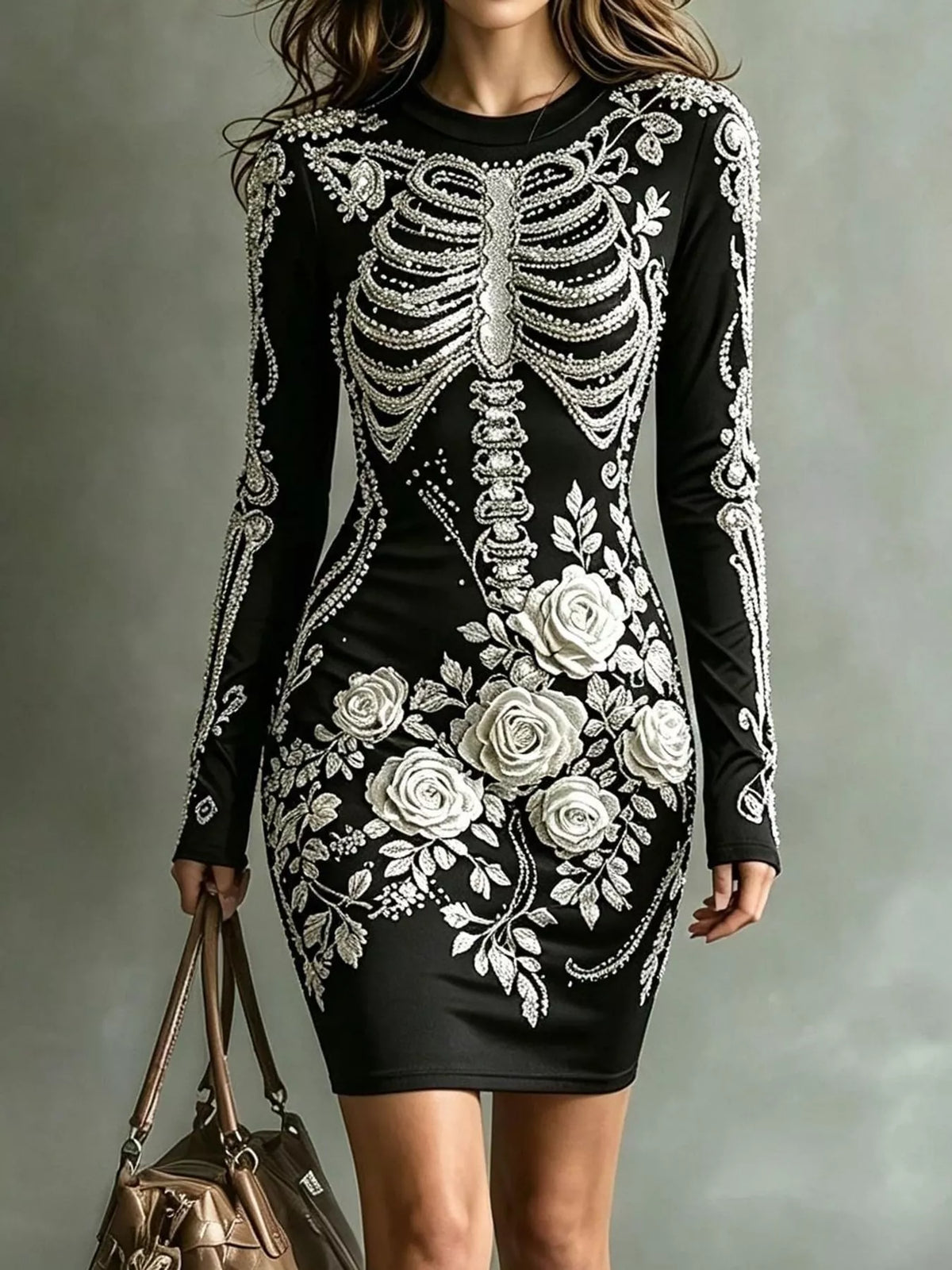 Floral skeleton dress, black with white print front