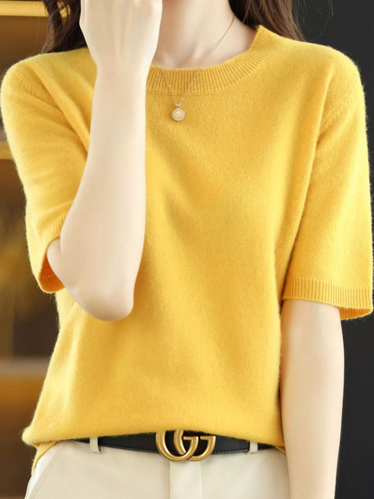 Mustard Yellow round neck short-sleeve sweater