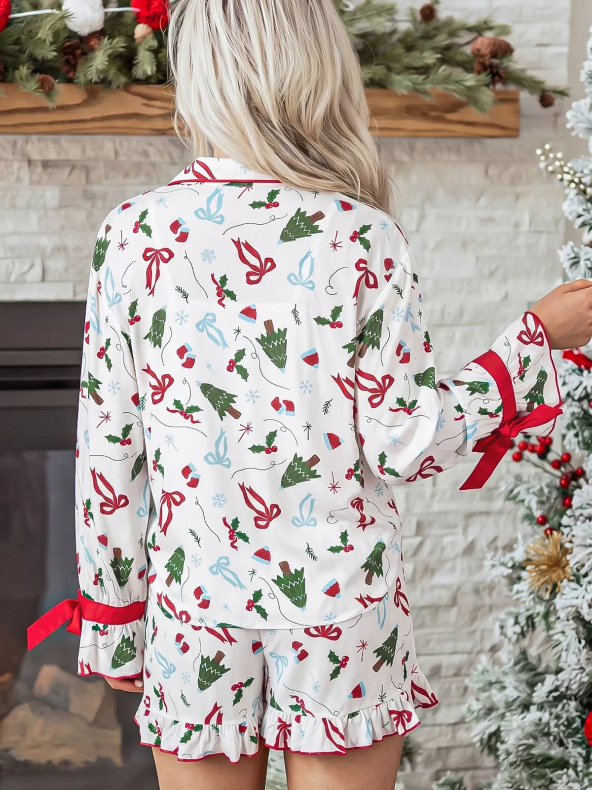 Christmas Print Ruffle Cuff Lounge Set in white, back view