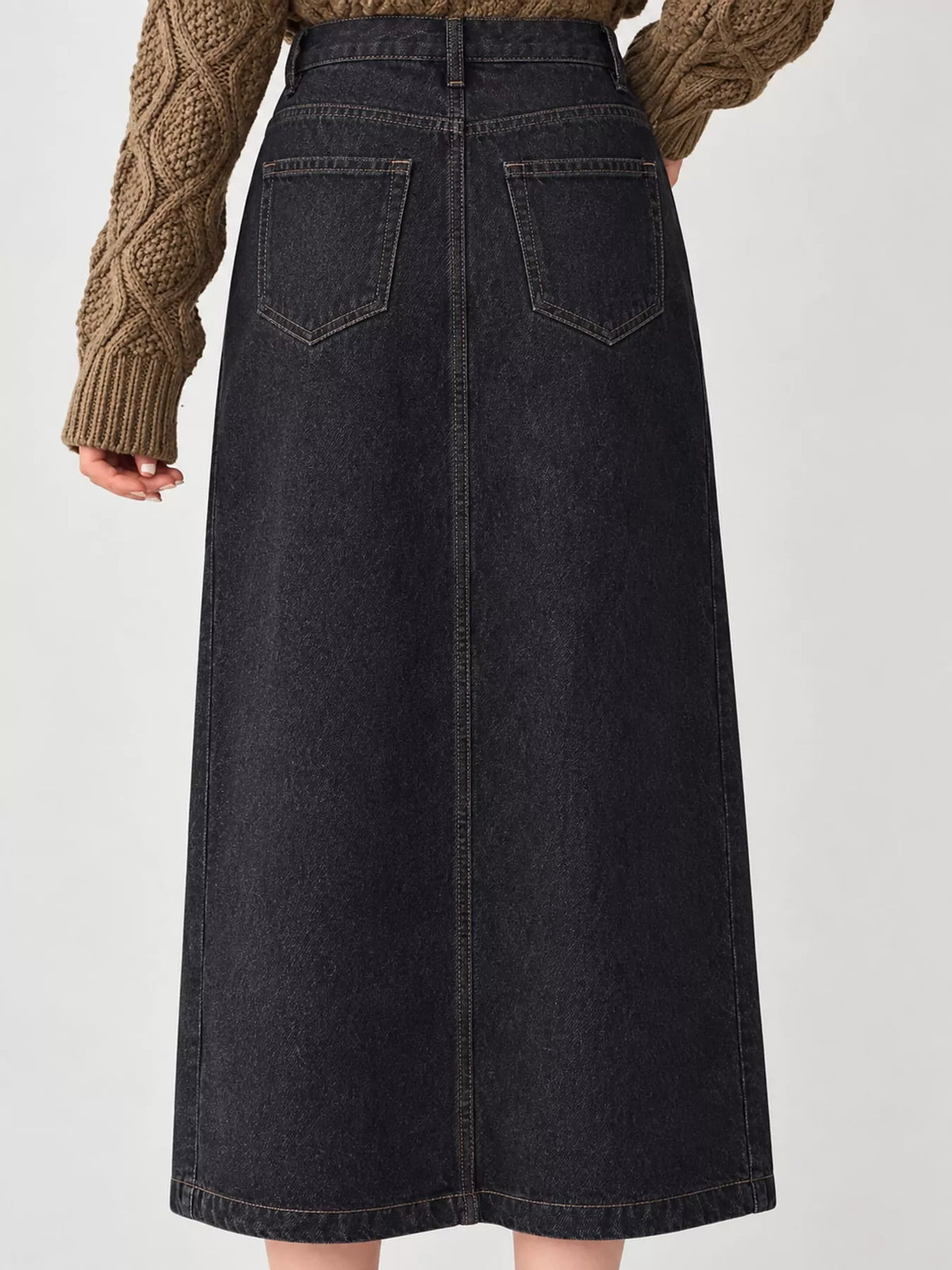 High-waisted denim midi skirt — black back