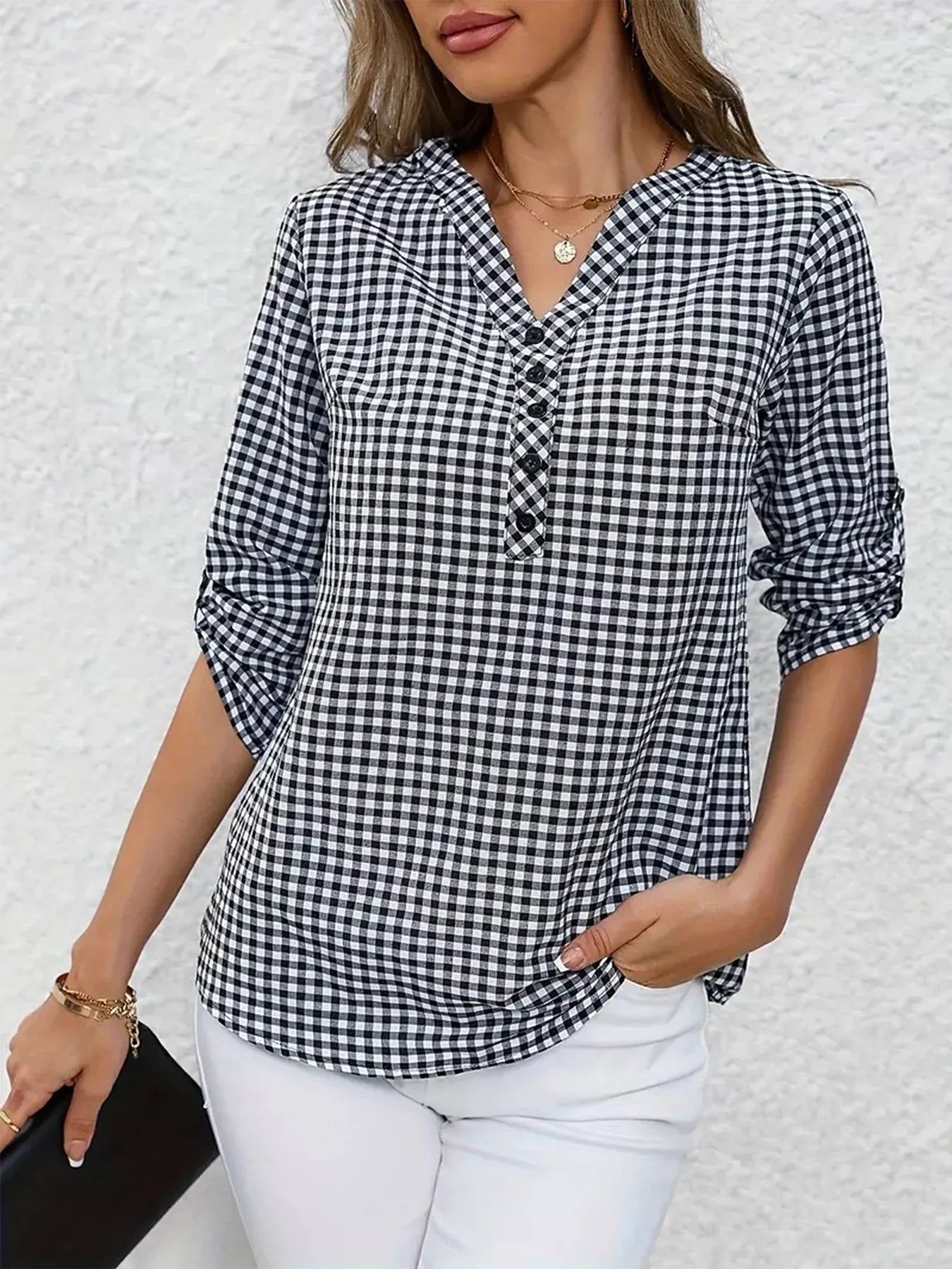 Trendsi Gingham Button Detail Blouse -
