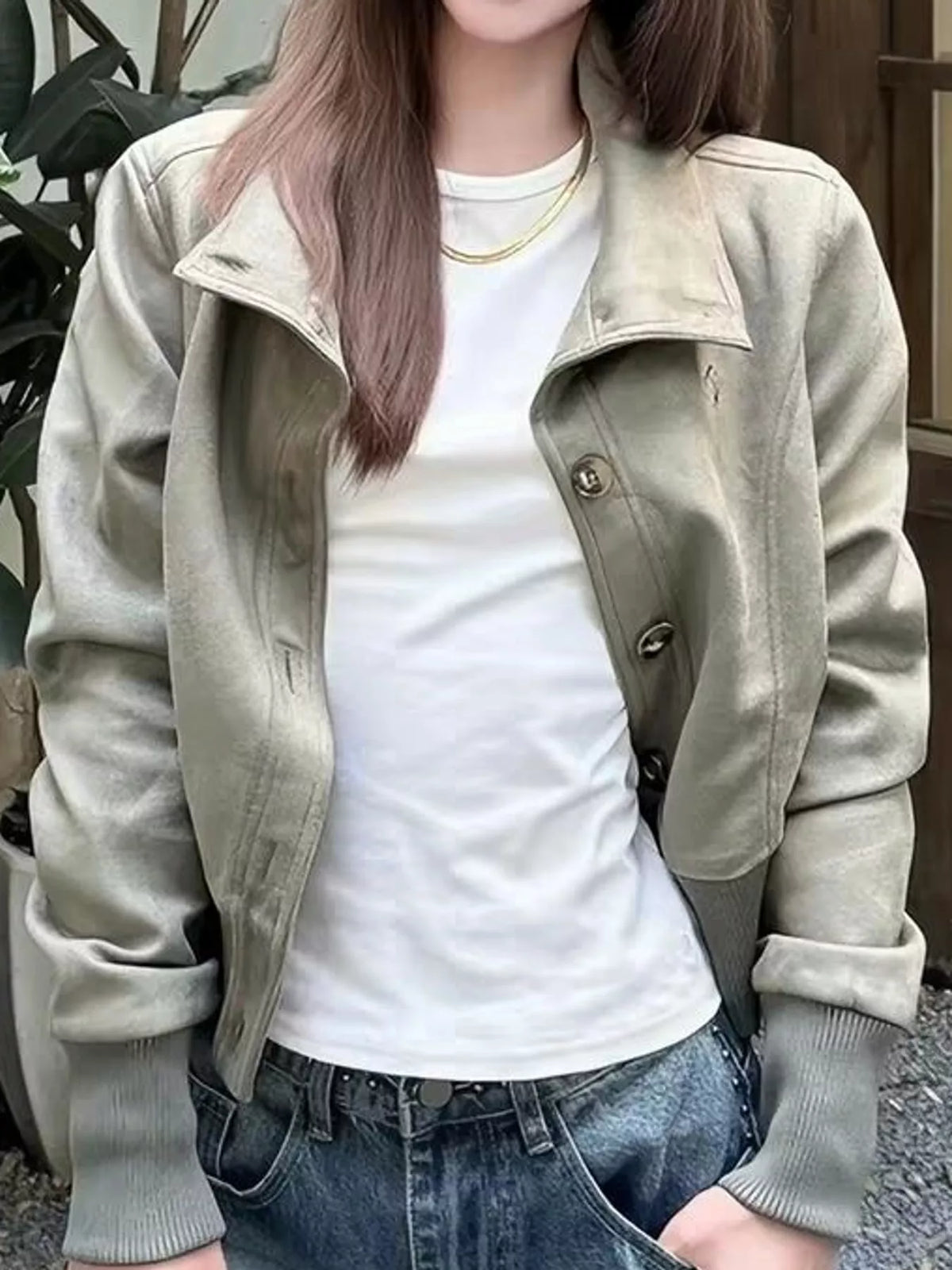 Button-Up Stand-Up Collar Jacket — front view