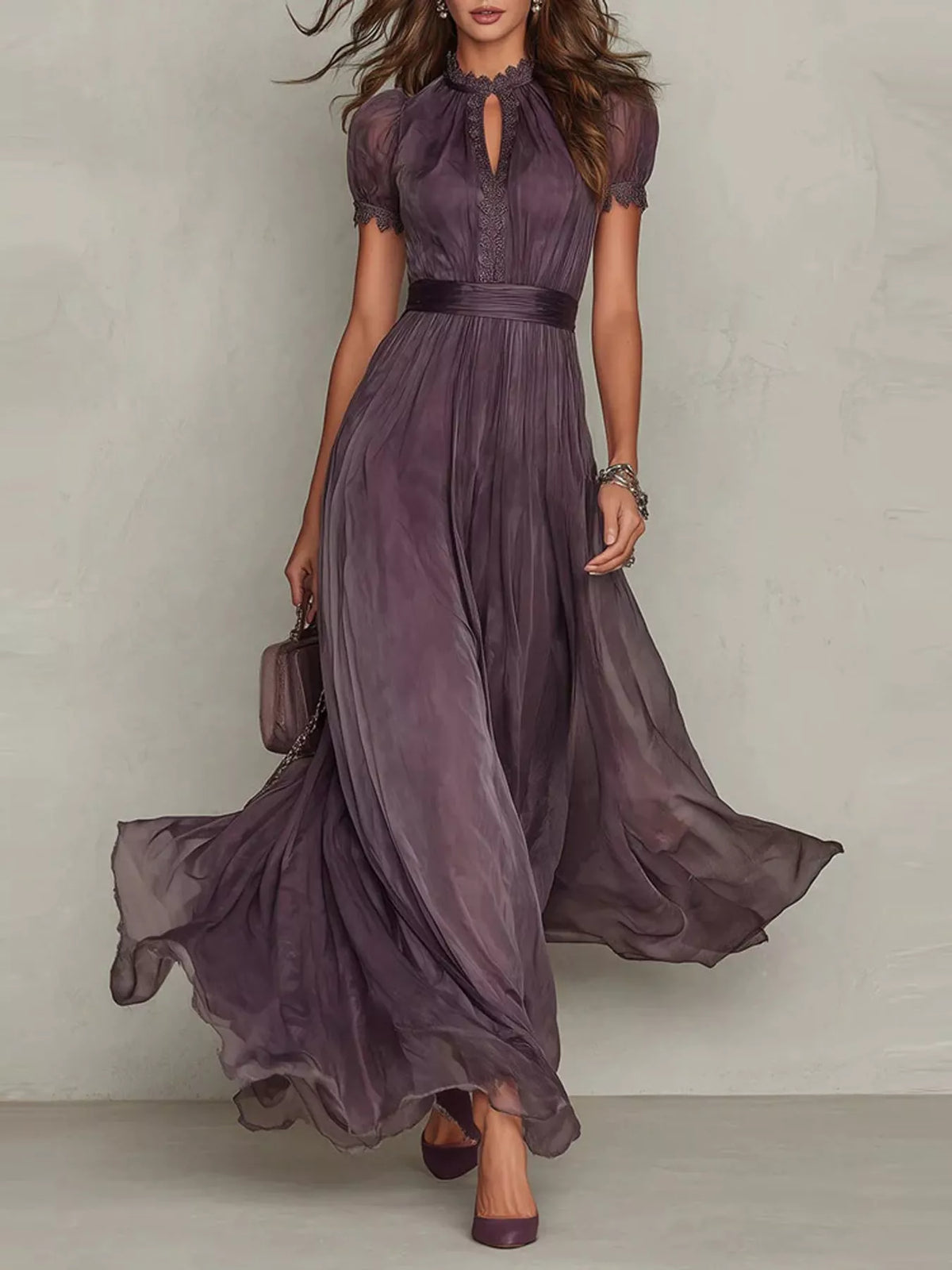 Lace Puff Sleeve Maxi Dress in purple, front view