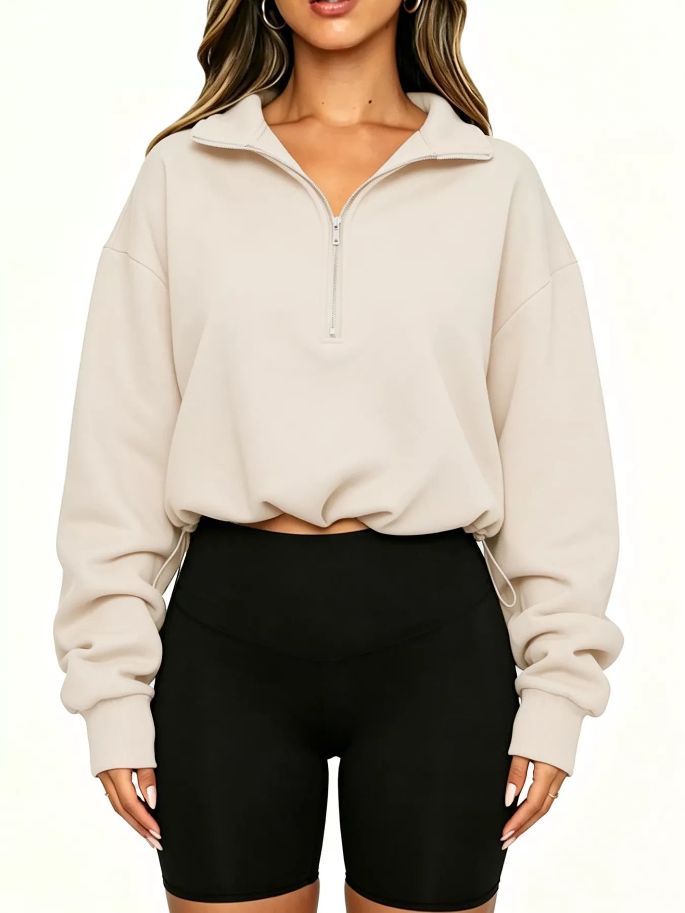 Trendsi Half Zip Drawstring Hem Sweatshirt -