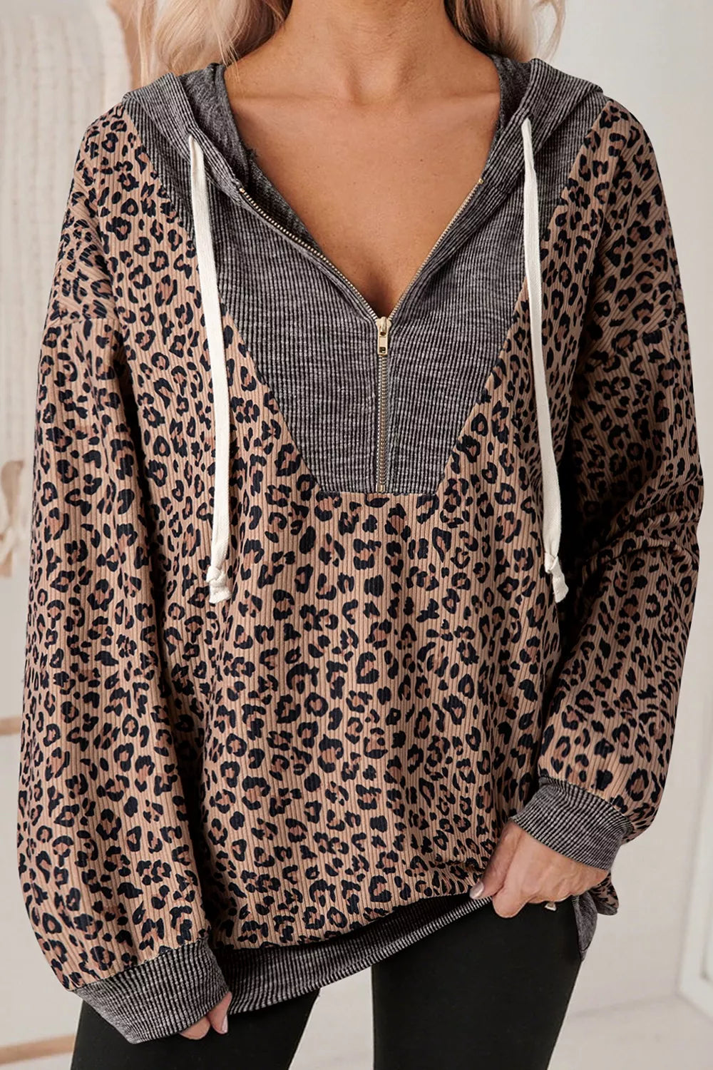 Trendsi Leopard Print Quarter-Zip Hoodie -