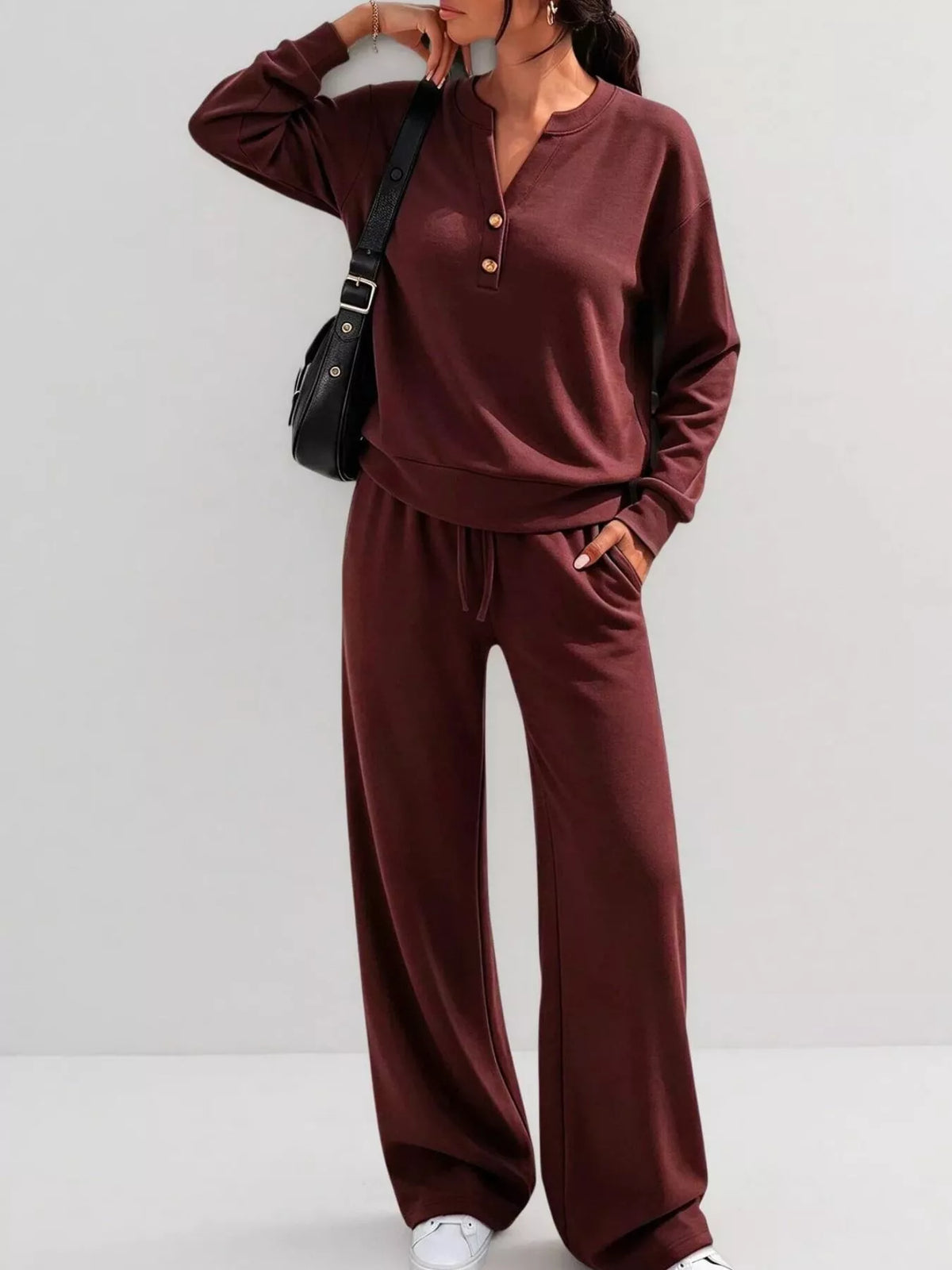 Maroon button detail top and wide-leg pants set — front view