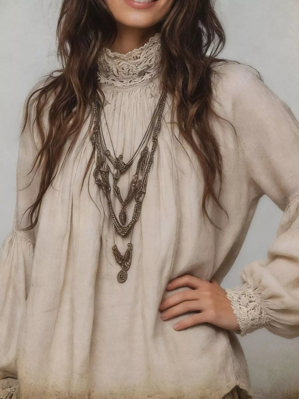 Oatmeal lace mock neck long sleeve blouse