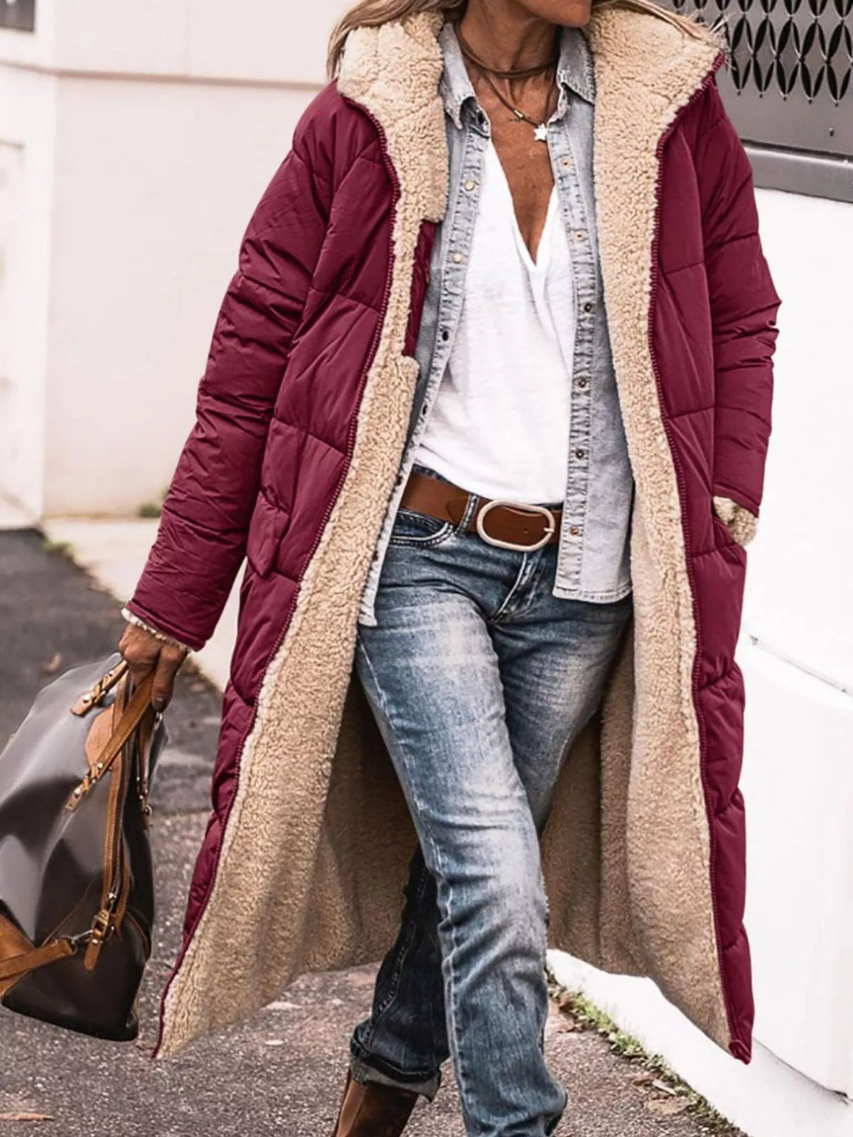Burgundy longline sherpa-lined hooded puffer coat