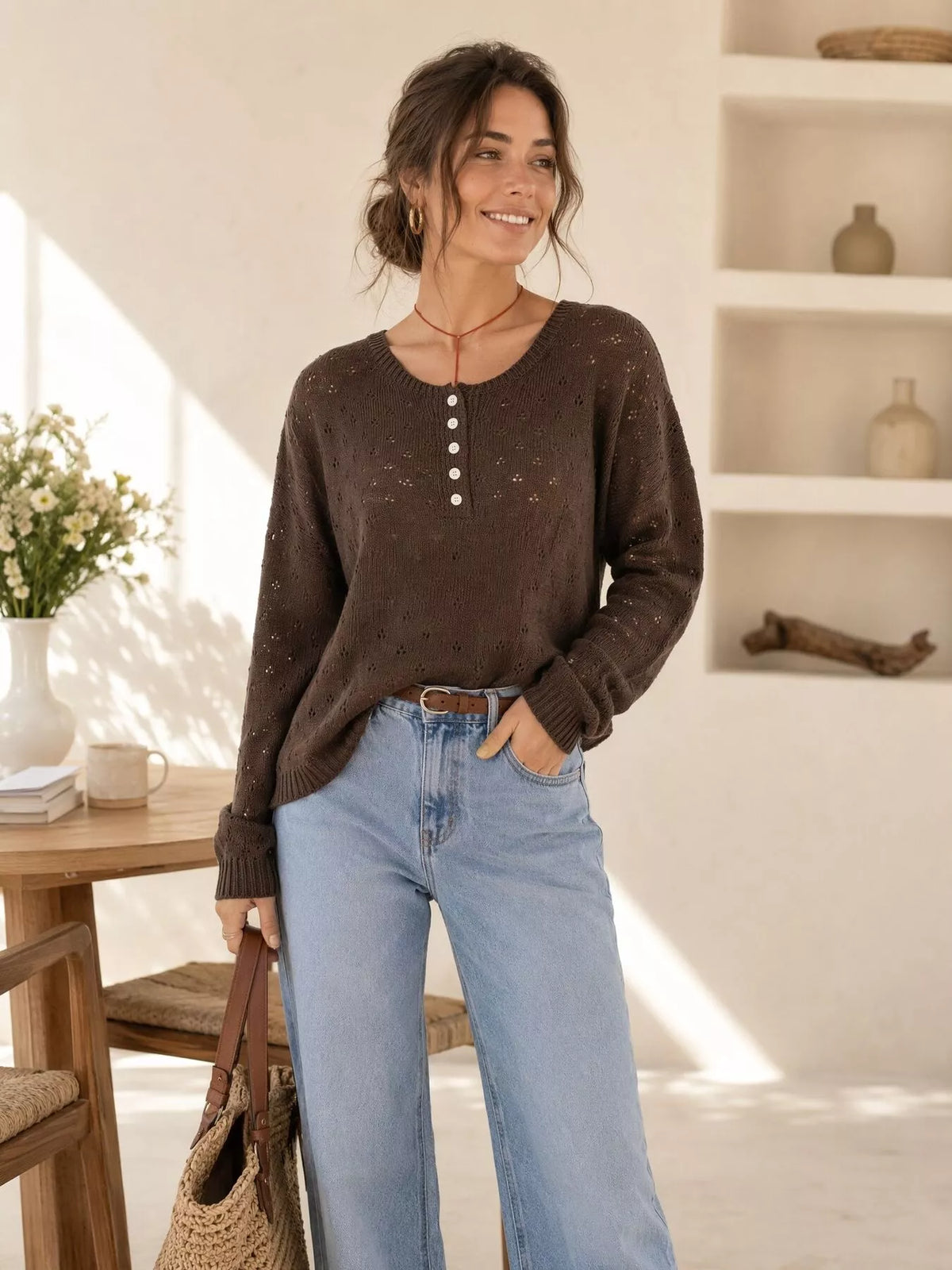 Brown pointelle round-neck knit top, full front view.