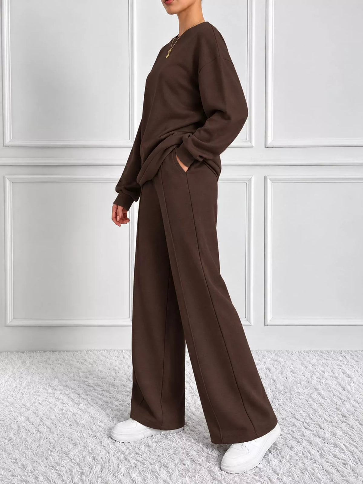 Brown oversized sweatshirt and wide-leg pants set — side view