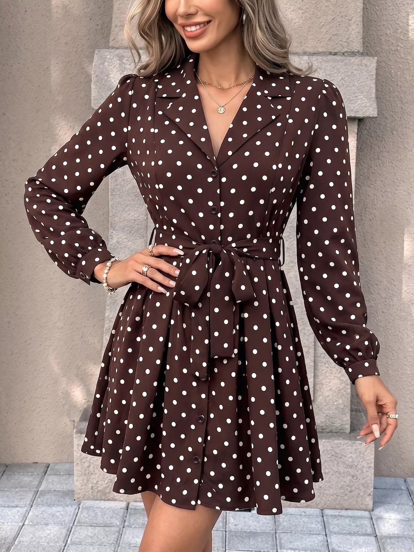 Trendsi Polka Dot Long Sleeve Shirt Dress -