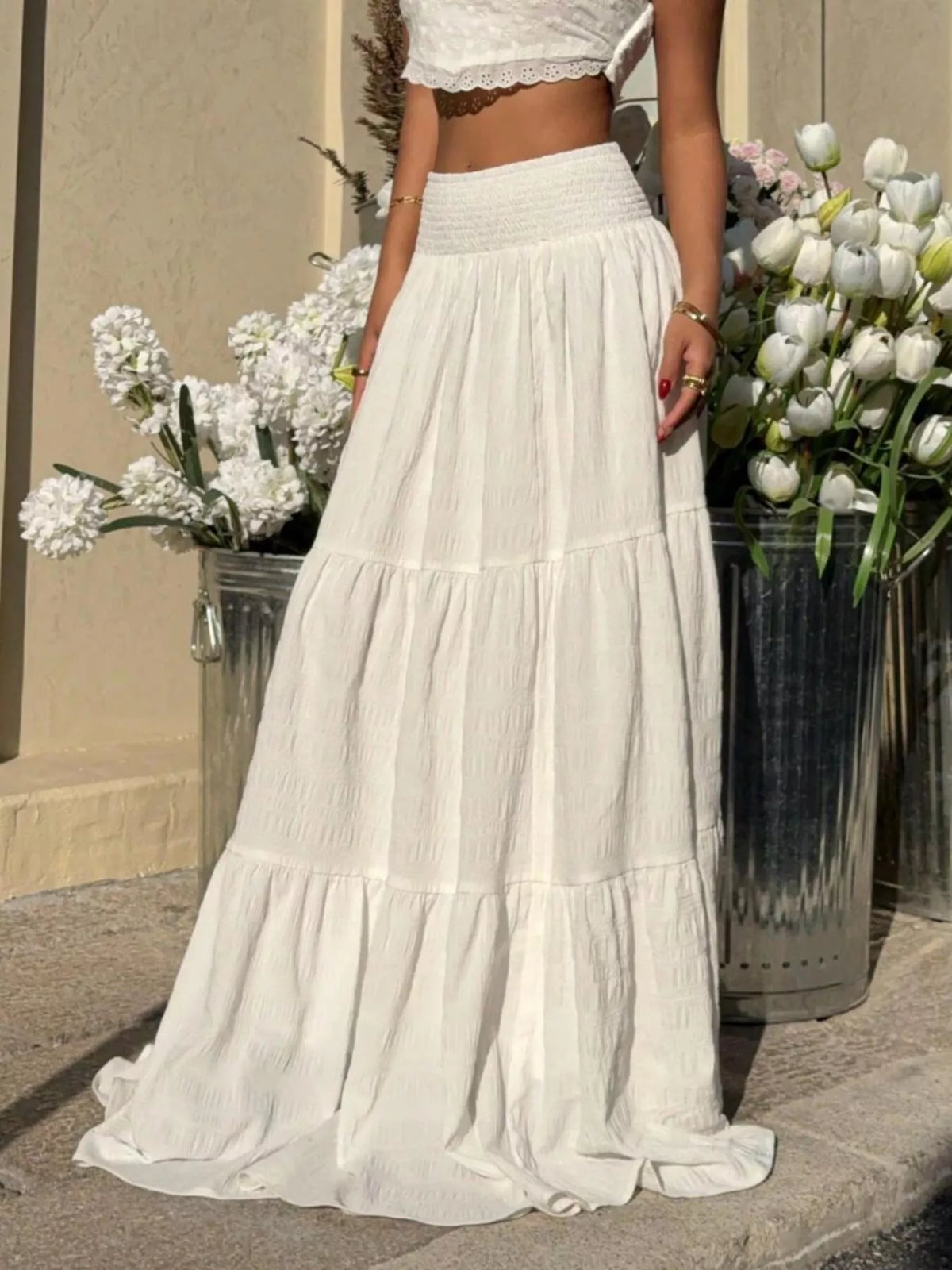 Trendsi Smocked Tiered Flowy Maxi Skirt -