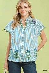 Trendsi Umgee Embroidered Stripe Button Front Top - Clothing Tops