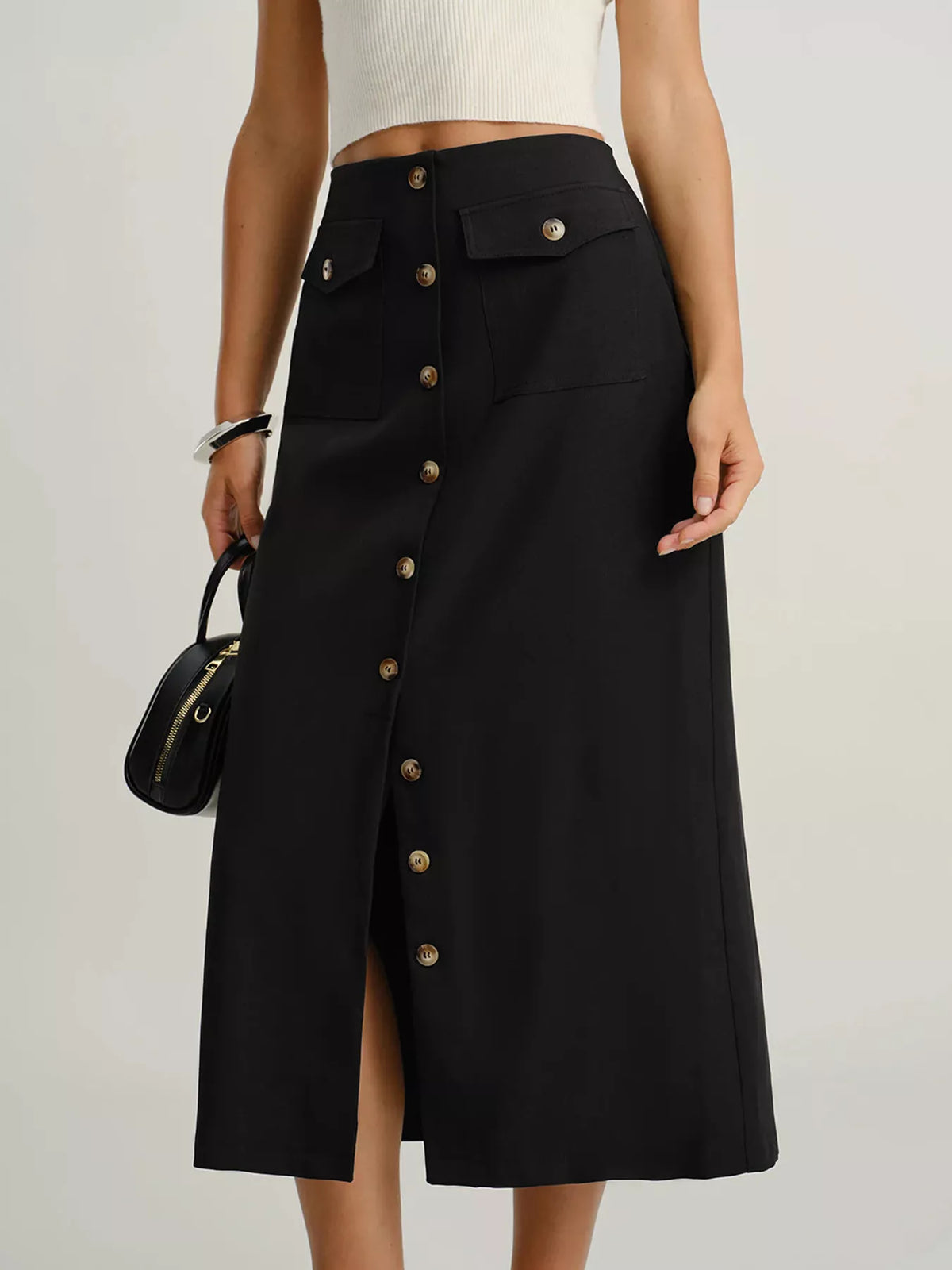 Trendsi Button-Front Pocketed Midi Skirt -