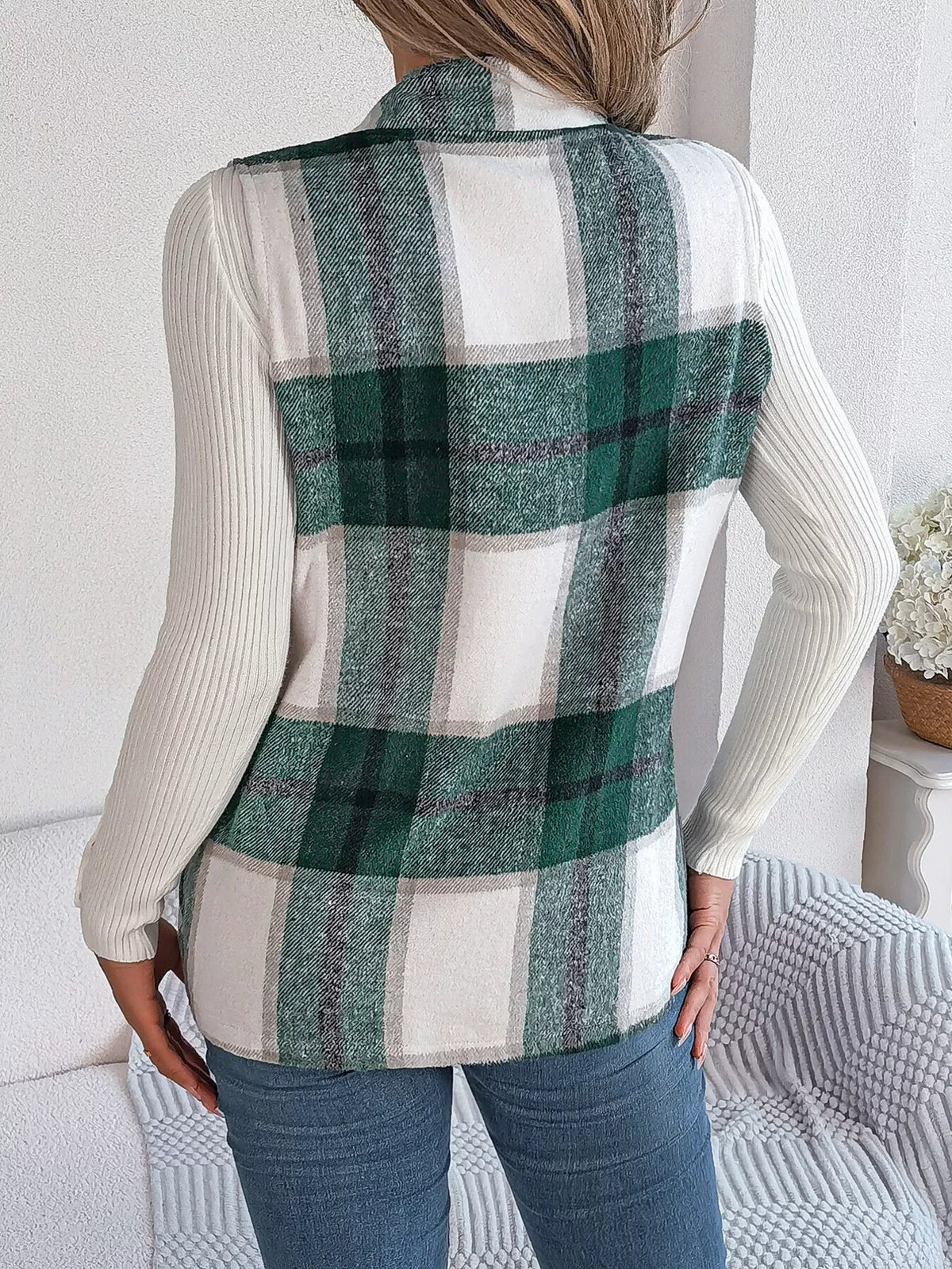 Green plaid open front vest, back view