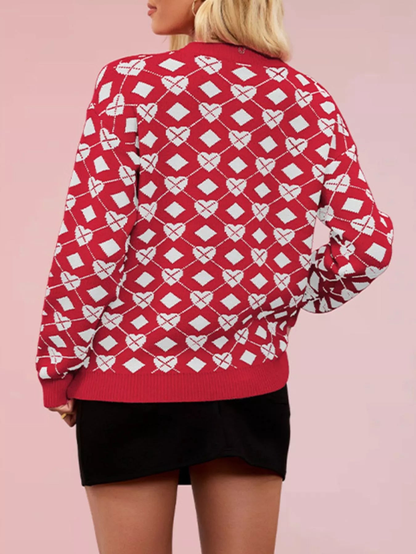 Trendsi Heart Pattern Argyle Knit Long Sleeve Sweater -