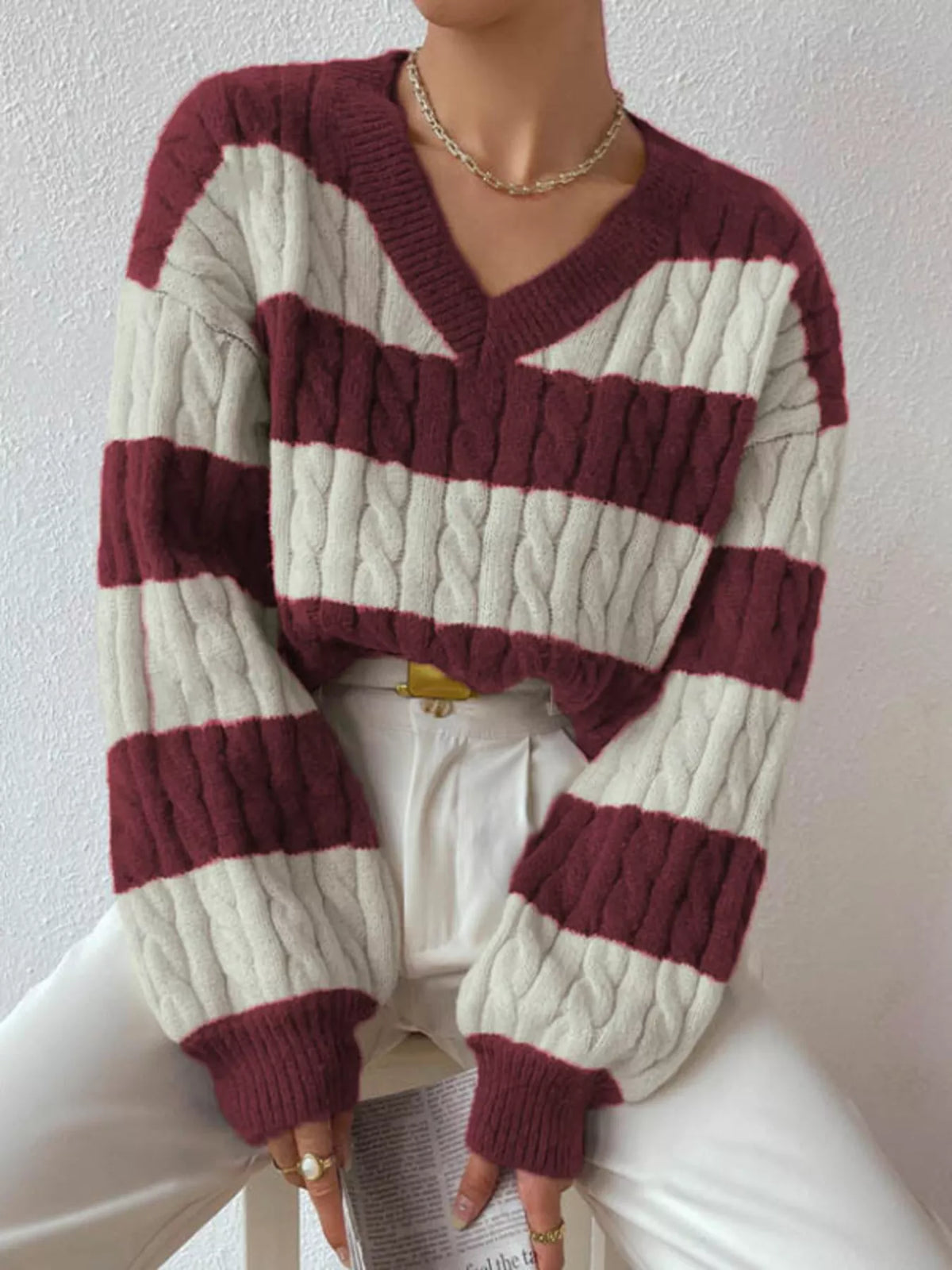 Women's V-Neck Striped Cable Knit Sweater in Wine Red, front view
