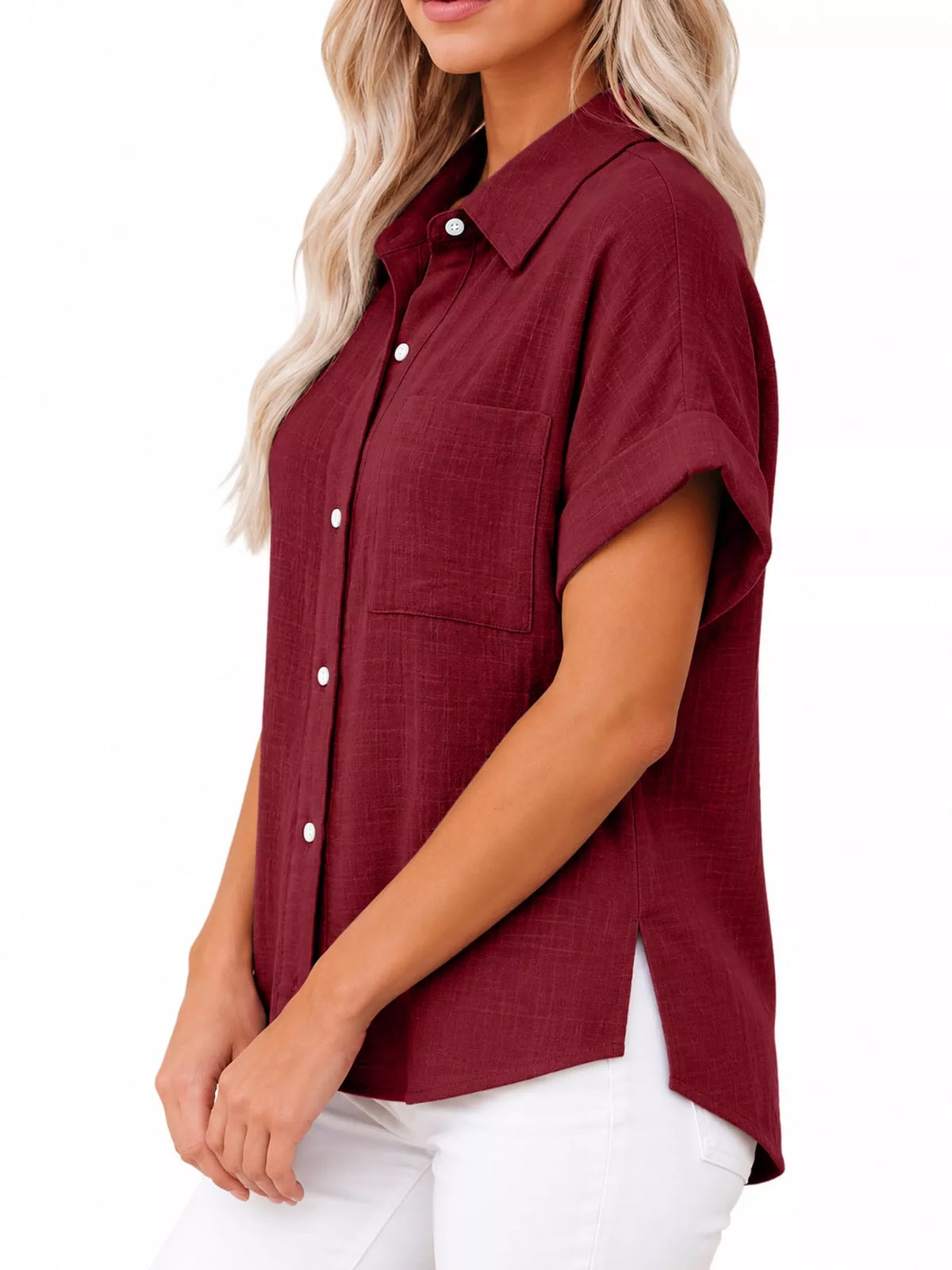 Women's Button Up Short Sleeve Shirt in burgundy — side view
