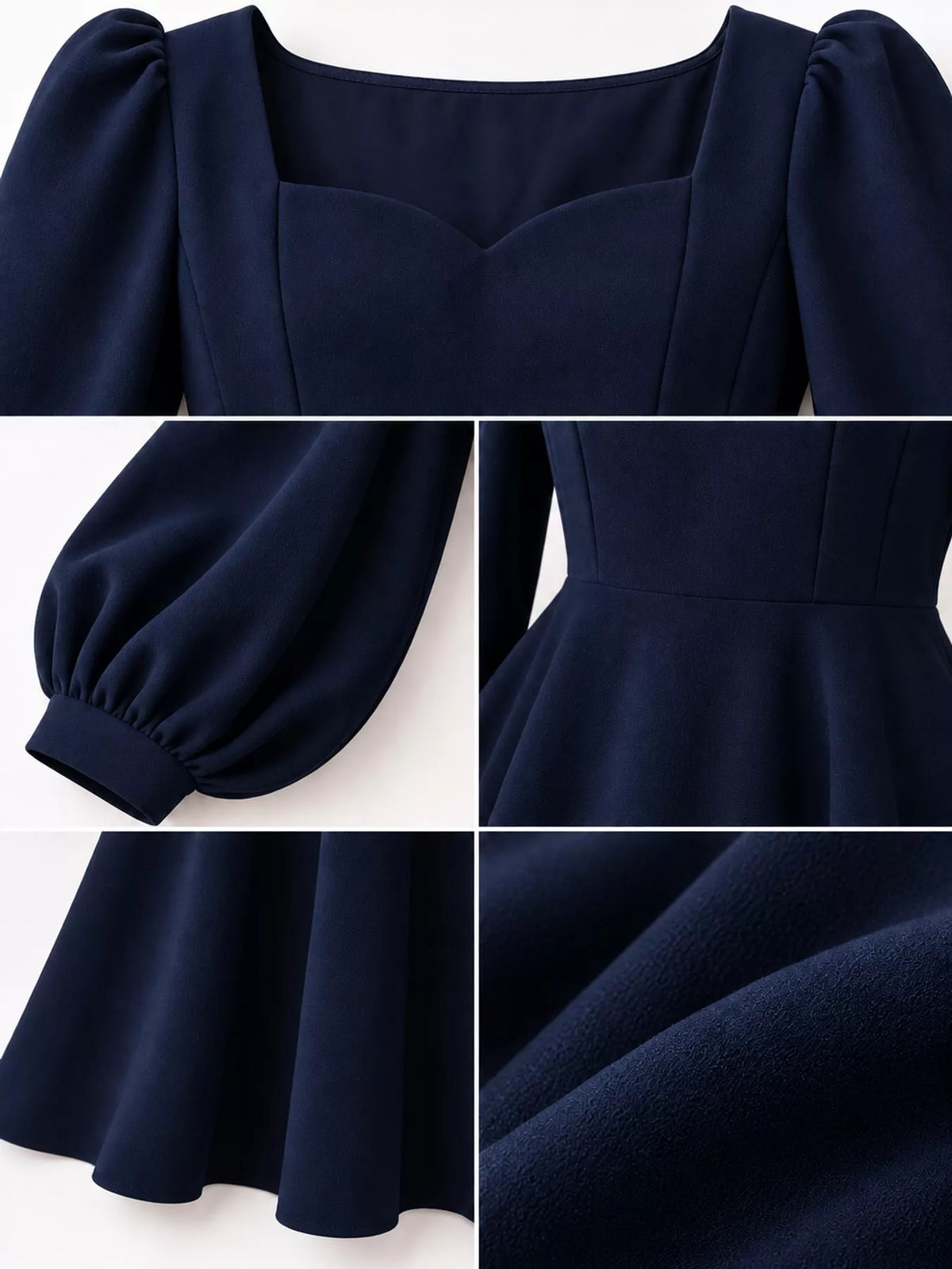 Navy long sleeve a line midi dress, detail view