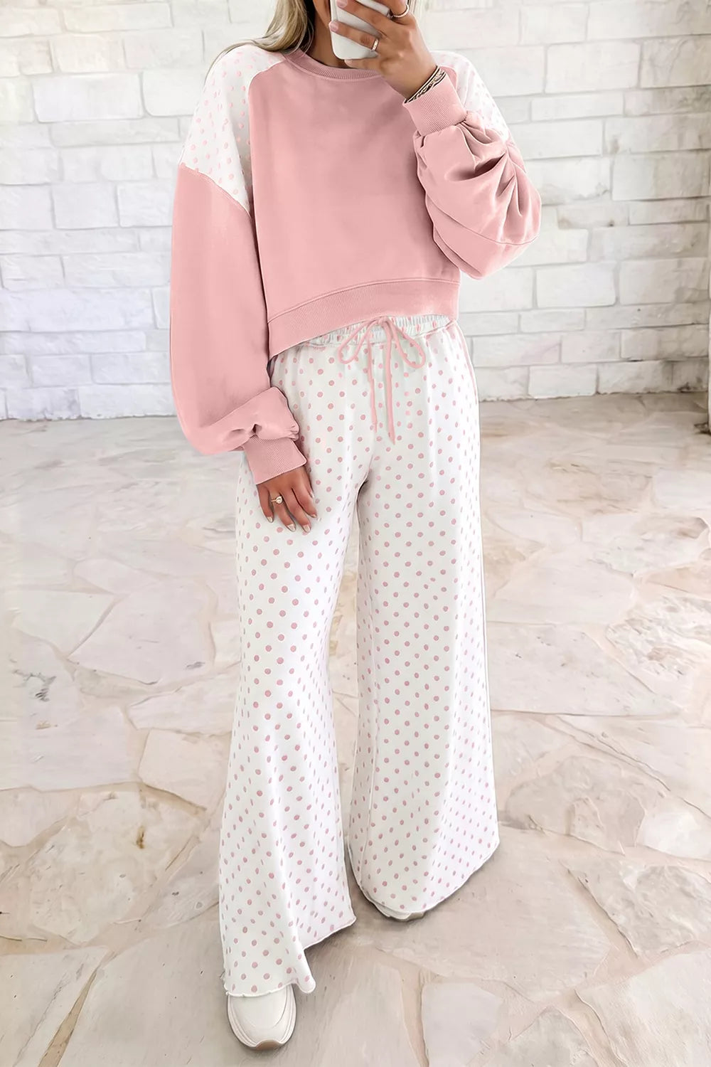 Women's Polka-Dot Cropped Sweatshirt & Wide-Leg Pants Set — front view