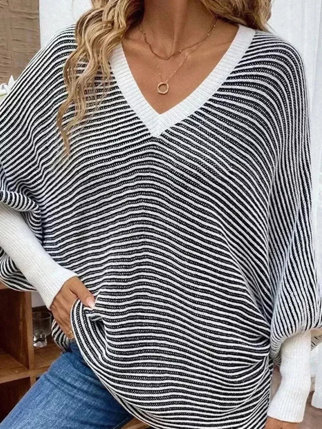 Trendsi V-Neck Striped Batwing Sleeve Sweater -