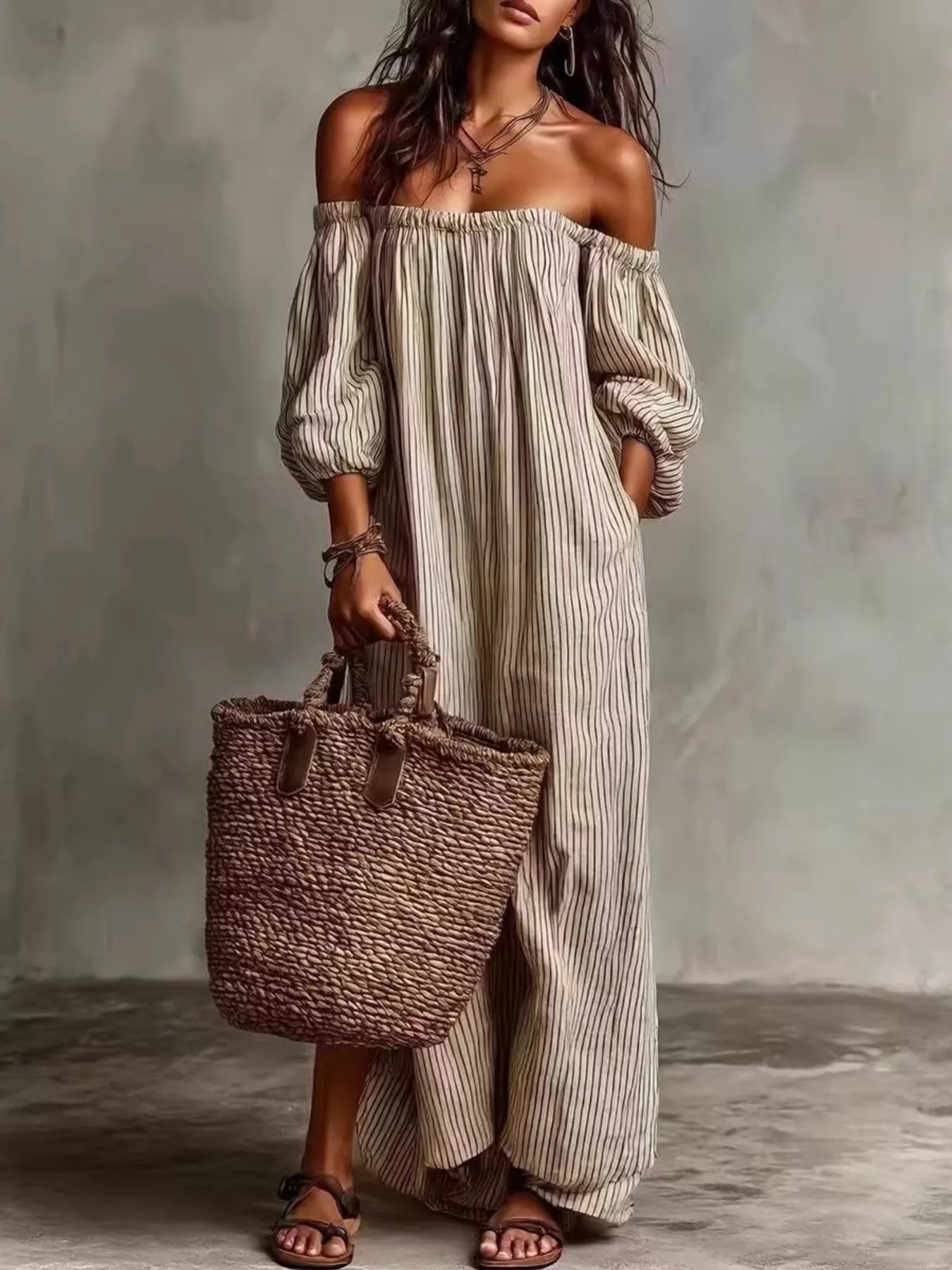Trendsi Full Size Off-Shoulder Striped Maxi Dress with Puff Sleeves Plus Size -