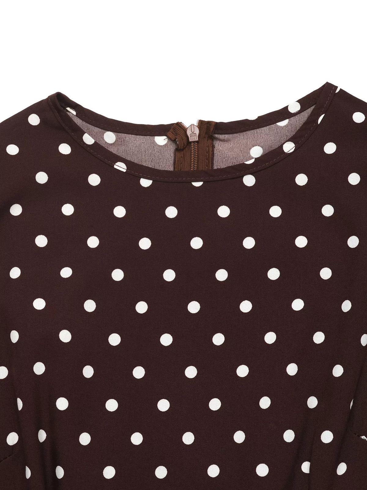 Brown polka dot long sleeve maxi dress, neckline detail