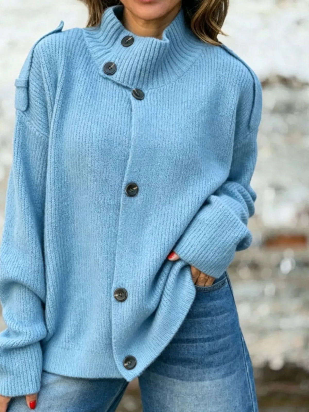 Button-Up Mock Neck Cardigan in blue, front view