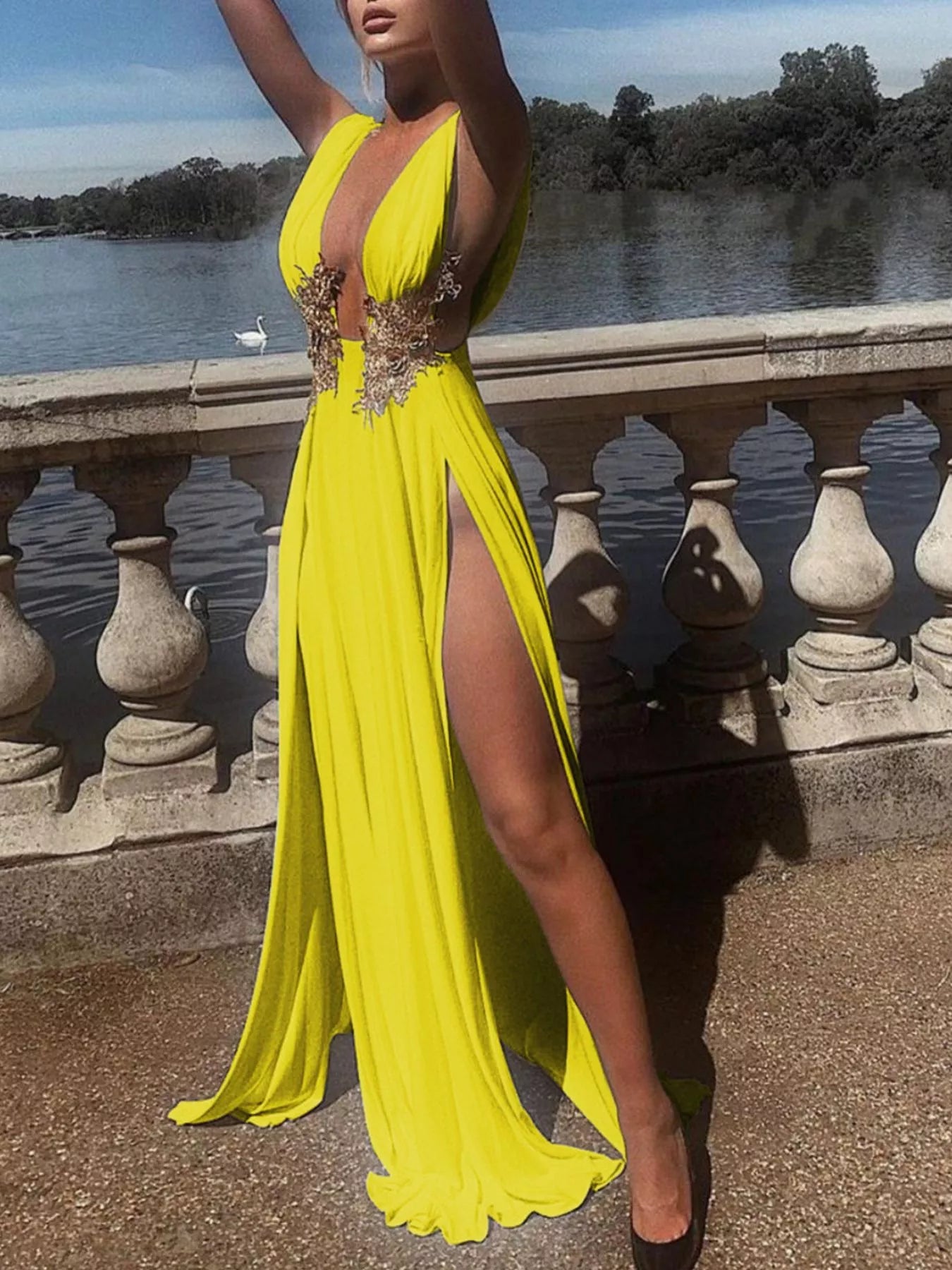 Trendsi Deep V-Neck High Slit Maxi Dress -