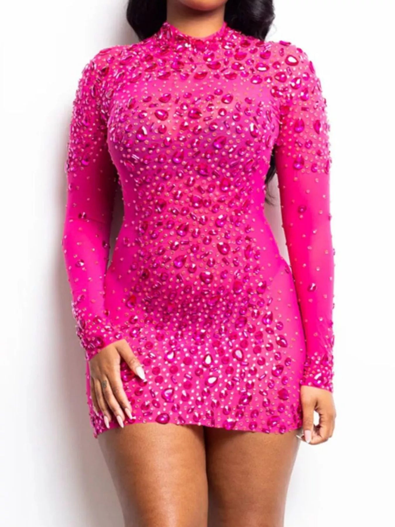 Trendsi Rhinestone Embellished Long Sleeve Bodycon Mini Dress -
