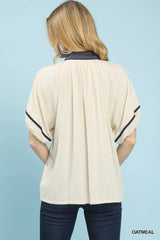 Trendsi Umgee Linen Puff Sleeve Contrast Trim Top -