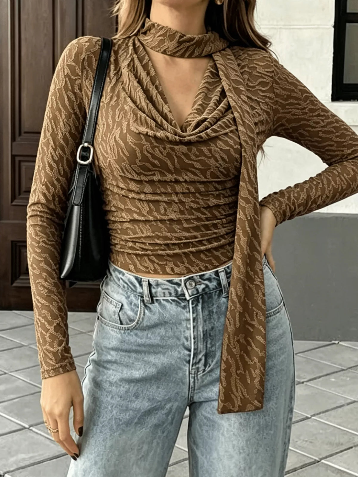 Women's Textured Cowl Neck Long Sleeve Blouse with Scarf Detail in brown — front view