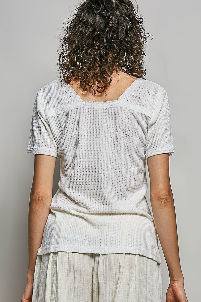 Women's Lace-Detail V-Neck Short Sleeve Textured T-Shirt — product view 4