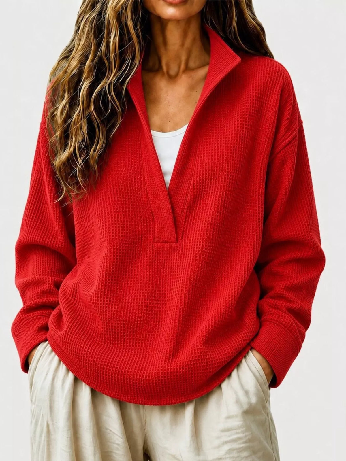 Scarlet Waffle Knit Dropped Shoulder Sweatshirt front view