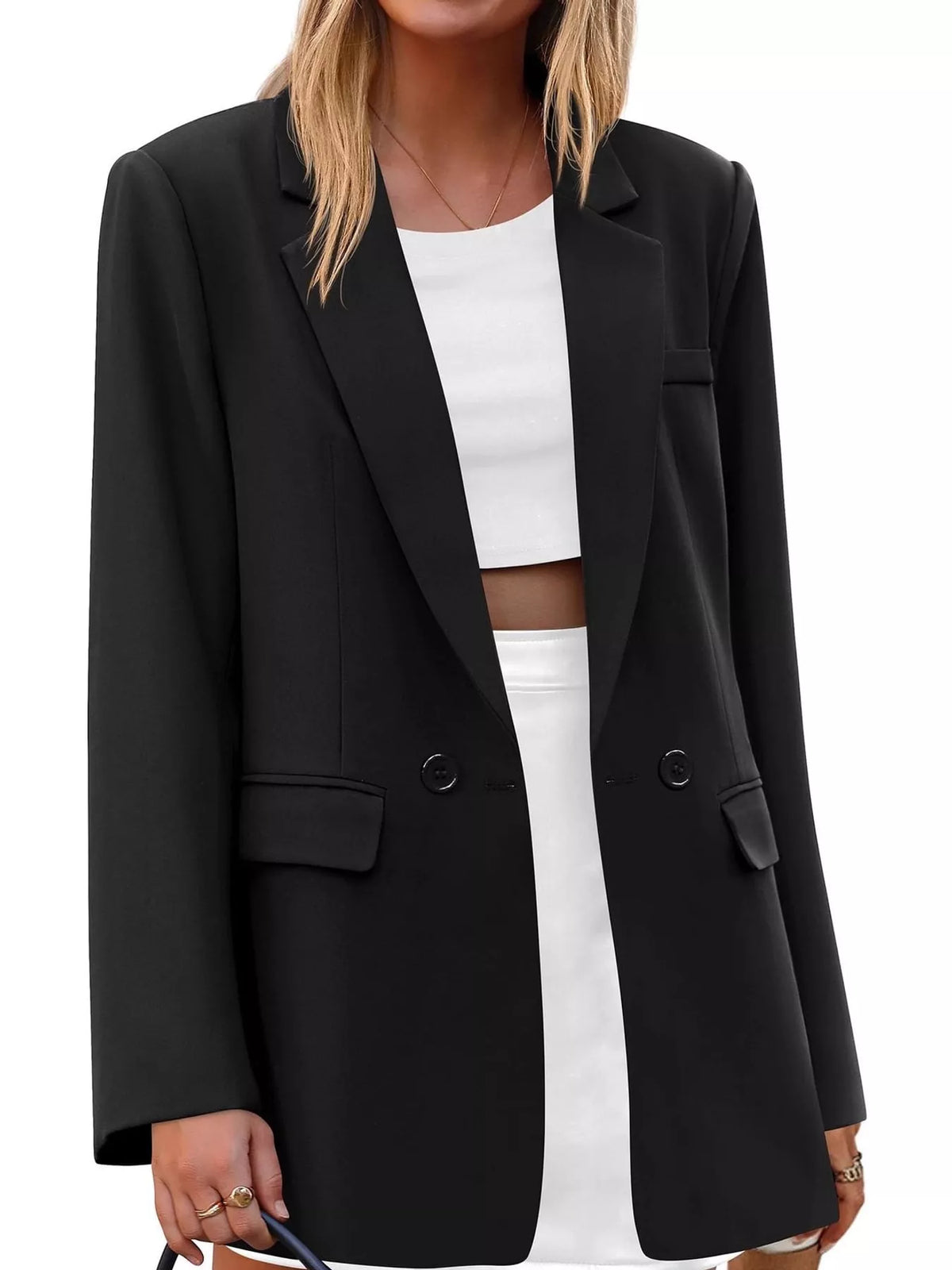 Collared long sleeve blazer, front view on model