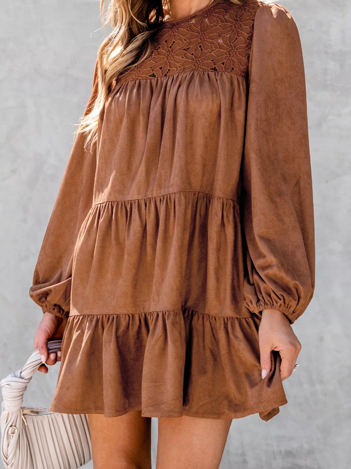 Trendsi Floral Lace Crochet Tiered Ruffled Mini Dress -