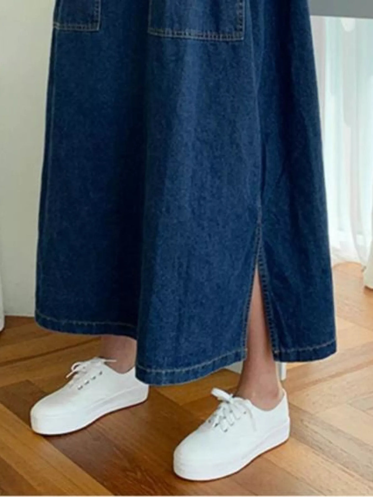 Blue button front denim shirt dress, detail view