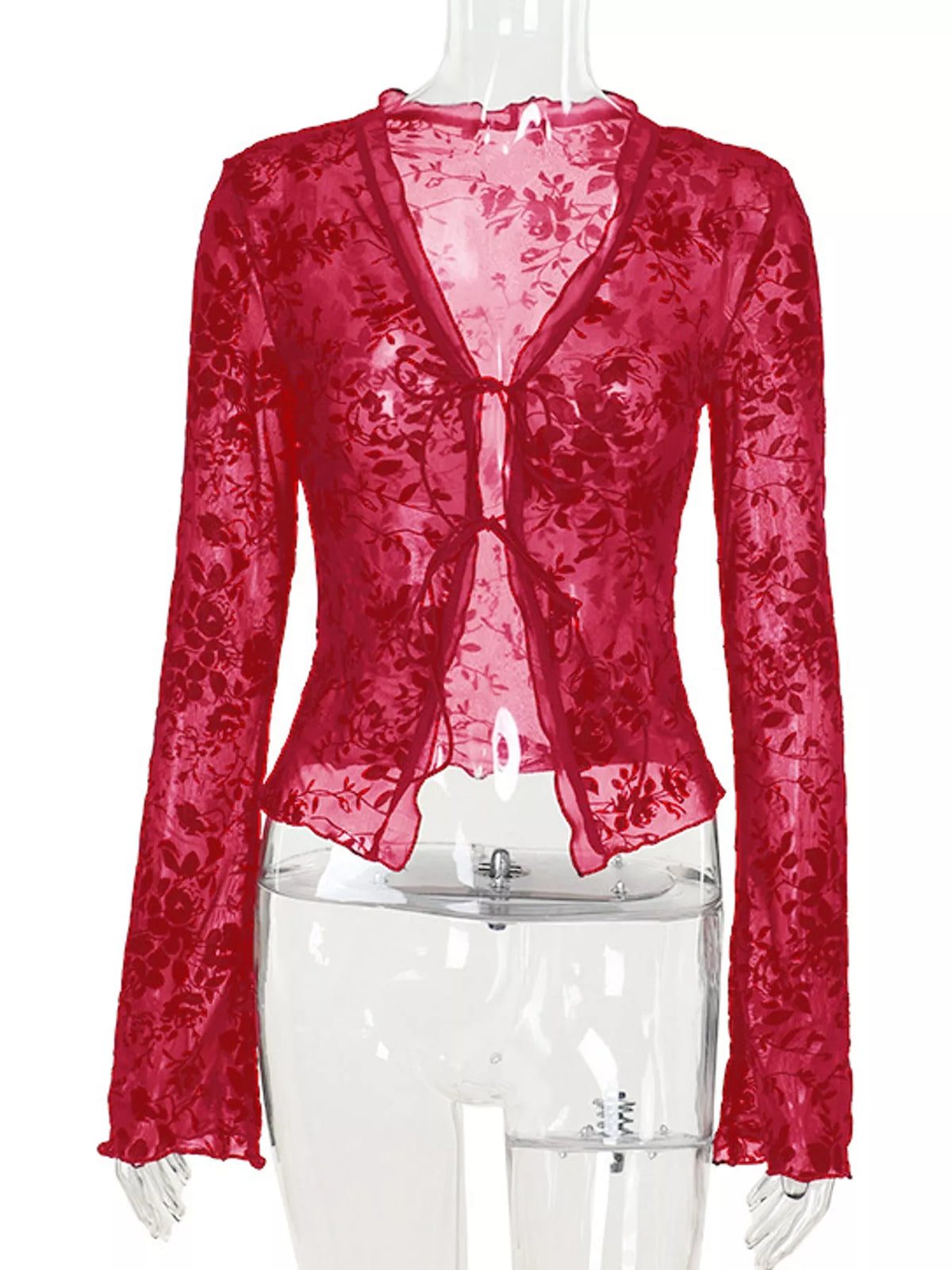 Sheer Floral Tie-Front Flare Sleeve Top in red