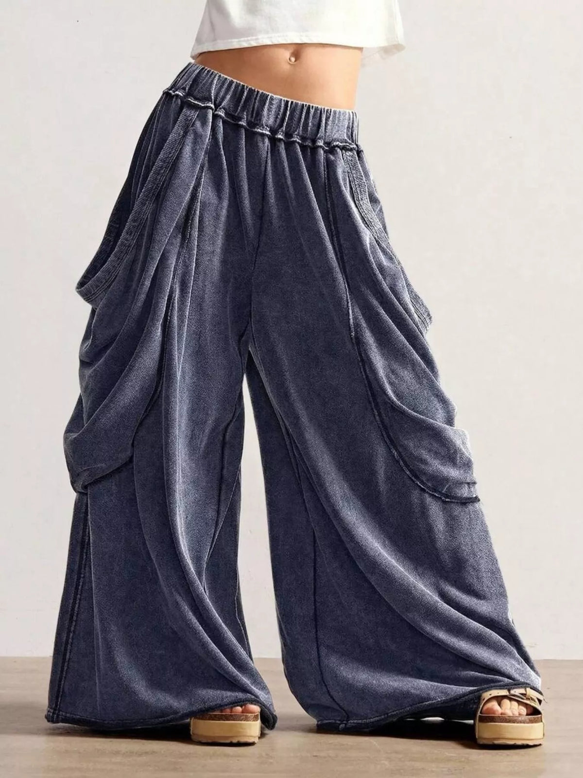Navy wide-leg cargo pants, front view